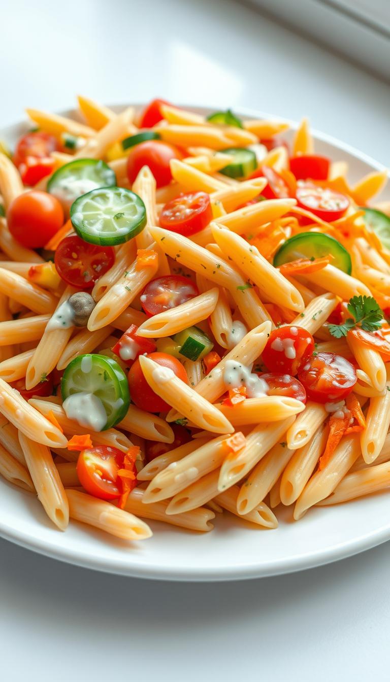 21 Tasty & Nutritious School Lunch Ideas for Kids A vibrant and appetizing pasta salad, with freshly cooked penne pasta as the centerpiece. The pasta is tossed with a medley of colorful, crisp vegetables - cherry tomatoes, sliced cucumber, diced bell peppers, and shredded carrots. A creamy, tangy dressing coats the salad, with hints of zesty lemon and fragrant herbs. The entire composition is arranged on a white platter, with soft, natural lighting illuminating the scene. The pasta salad exudes a sense of freshness and wholesomeness, making it an ideal, nutritious lunch option for school-aged children.