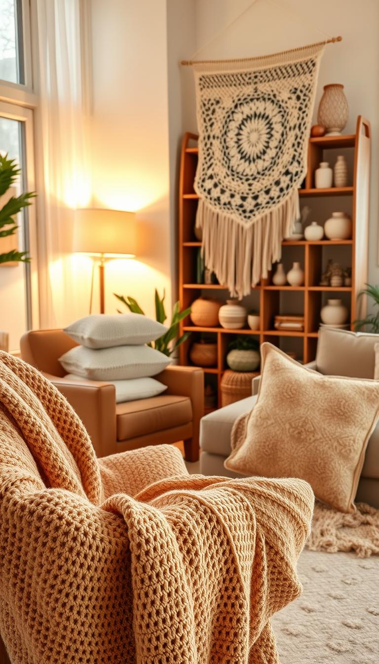 21 Magical Crochet Patterns for Every Skill Level A cozy living room filled with handcrafted crochet home decor. In the foreground, a plush crocheted blanket drapes over a comfortable armchair, its intricate stitches and warm tones inviting relaxation. Nearby, a stack of crocheted throw pillows in soft pastel hues adorns a matching sofa. The middle ground showcases a handmade crochet wall hanging, its delicate pattern casting gentle shadows across the room. In the background, a wooden shelving unit displays an assortment of crochet baskets, vases, and decorative accents, creating a cohesive and artisanal atmosphere. Warm, diffused lighting from a floor lamp and large windows casts a cozy glow, highlighting the textures and craftsmanship of the crocheted pieces. The overall scene conveys a sense of homey comfort and the joy of handmade decor.