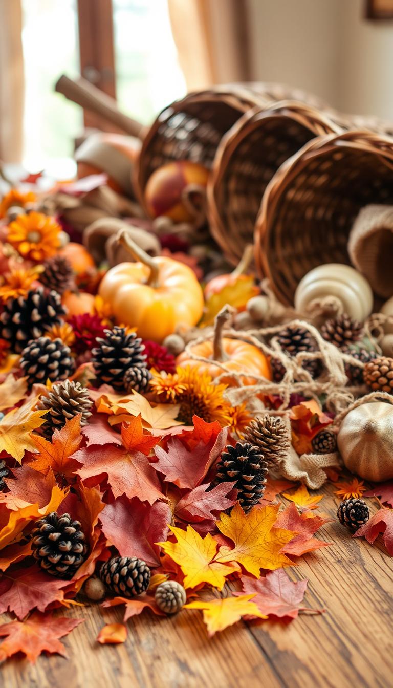Vibrant assortment of rustic DIY cornucopia materials laid out on a natural wooden surface. In the foreground, an array of autumn leaves, pinecones, dried flowers, and gourds in rich hues of orange, red, and gold. In the middle ground, woven wicker baskets, raffia, and burlap ribbons. In the background, a soft, diffused natural light casts a warm, cozy glow, evoking the feeling of a festive Thanksgiving table. Photographed with a shallow depth of field to emphasize the textures and details of the materials.