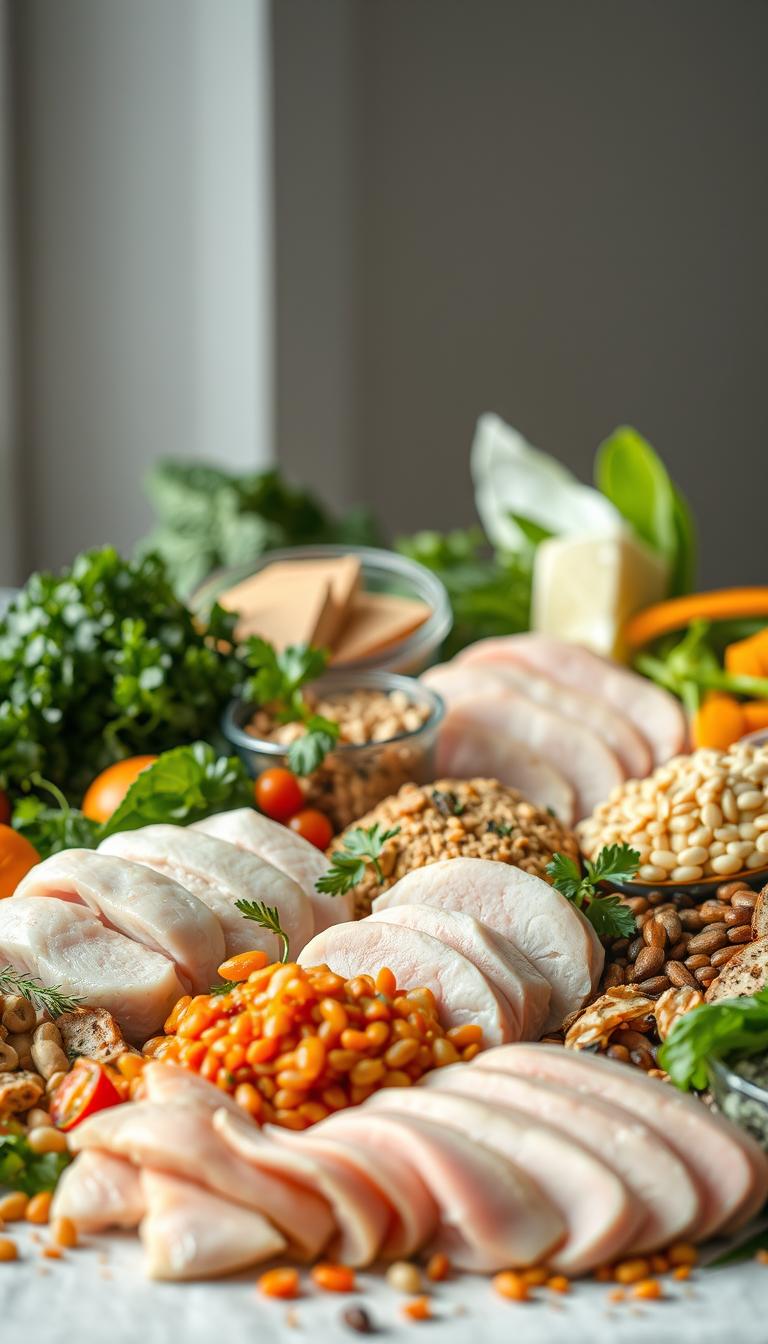 21 Tasty & Nutritious School Lunch Ideas for Kids A beautifully lit still life arrangement showcasing an assortment of nutritious protein sources. In the foreground, a variety of fresh, high-quality ingredients are carefully arranged, including lean cuts of chicken, turkey, and fish, as well as plant-based options like tofu, lentils, and beans. The middle ground features garnishes and accompaniments, such as vibrant vegetables, fresh herbs, and a sprinkle of spices, adding depth and color to the scene. The background is softly blurred, creating a sense of focus on the main subject matter. The lighting is natural and diffused, highlighting the textures and colors of the ingredients, conveying a sense of wholesomeness and nourishment. The overall mood is one of healthfulness, inviting the viewer to consider these protein-rich options as part of a balanced and satisfying school lunch.