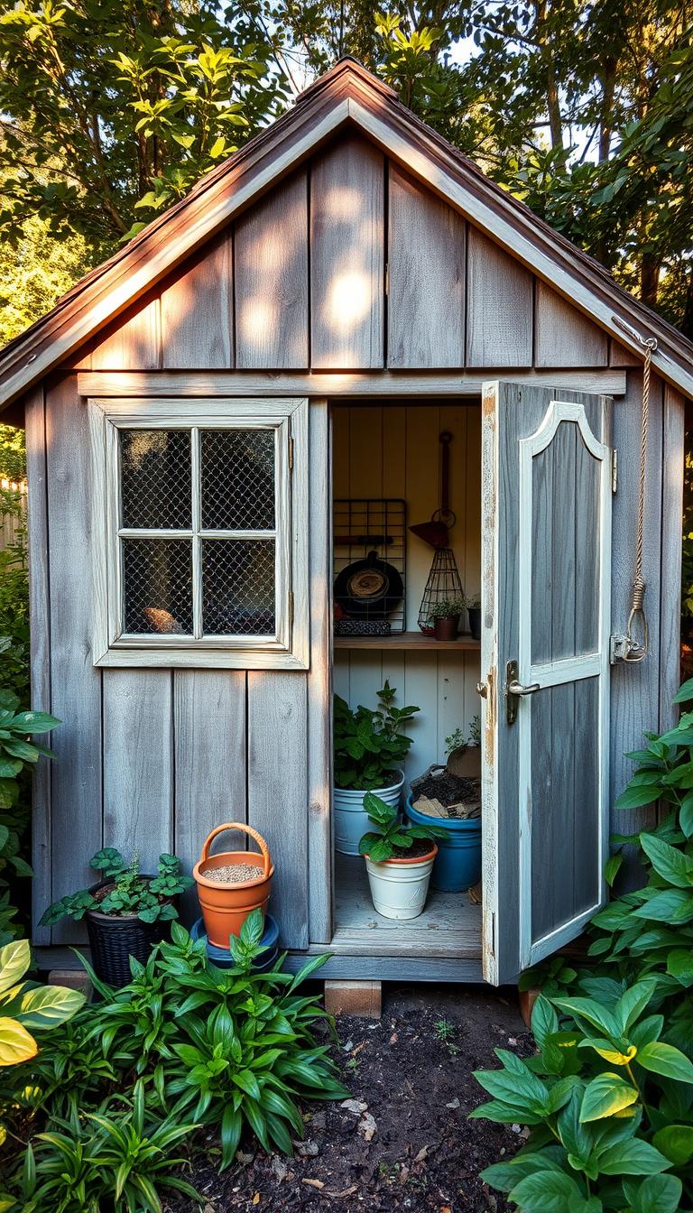An old, weathered chicken coop repurposed as a charming garden shed, nestled among lush greenery. The structure's worn wooden panels and vintage hardware evoke a rustic, farmhouse aesthetic. Sunlight filters through the coop's mesh-covered windows, casting a warm, inviting glow. Potted plants, garden tools, and repurposed decor adorn the interior, creating a cozy, utilitarian space. The coop's pitched roof and quaint silhouette blend seamlessly with the surrounding vegetation, as if it has always been a natural part of the landscape. A wide-angle lens captures this harmonious transformation, showcasing the clever repurposing of a functional structure into a delightful backyard retreat.