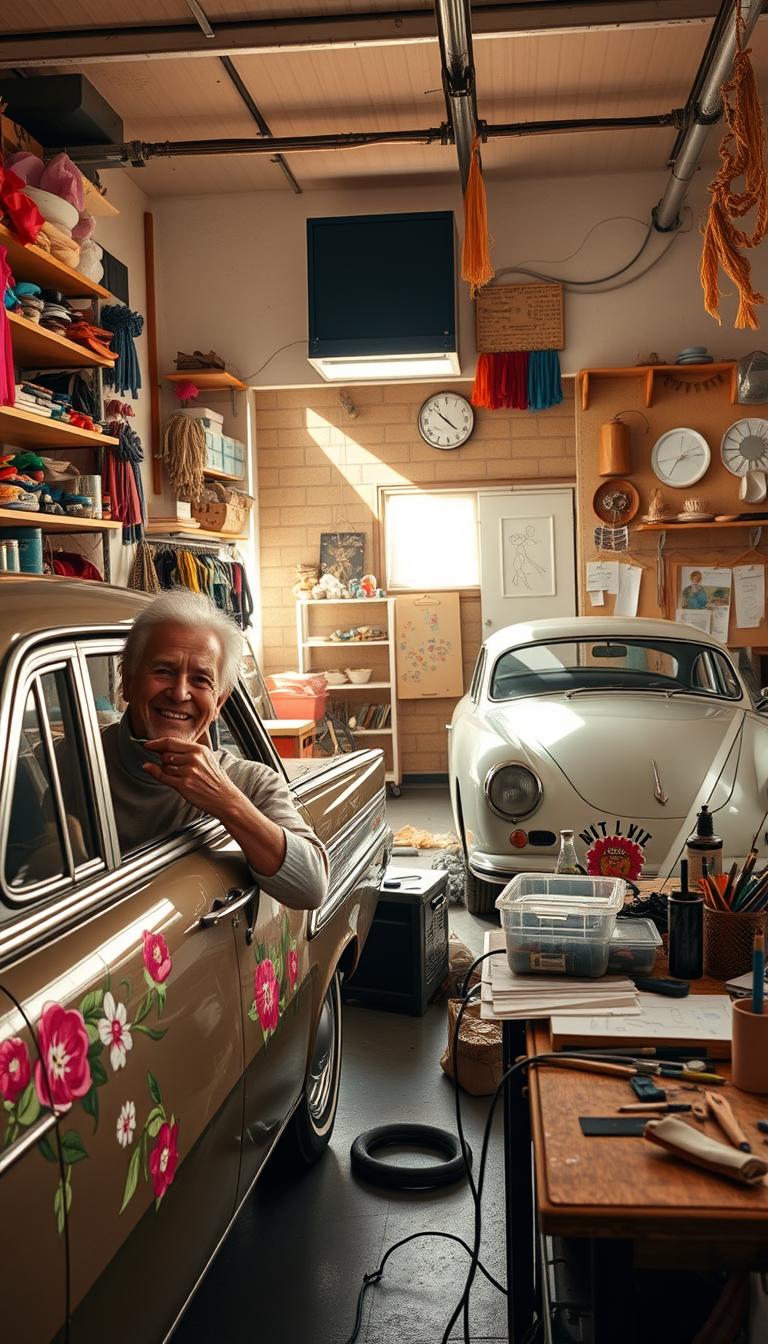 21 Stylish Senior Car Decorating Ideas to Personalize Your Ride A cozy DIY garage workshop filled with a variety of homemade car decoration projects. In the foreground, a senior driver with a beaming smile is carefully painting intricate floral designs on the side panels of their classic sedan. Shelves along the walls display an assortment of crafting supplies, from colorful ribbons and tassels to custom-made decals and embellishments. Sunlight streams in through the windows, casting a warm, inviting glow over the scene. The middle ground features a workbench cluttered with half-finished projects, tools, and inspiration boards covered in sketches. In the background, a classic car with a fresh coat of paint awaits its turn to be personalized. The atmosphere is one of creativity, ingenuity, and a touch of nostalgic charm.