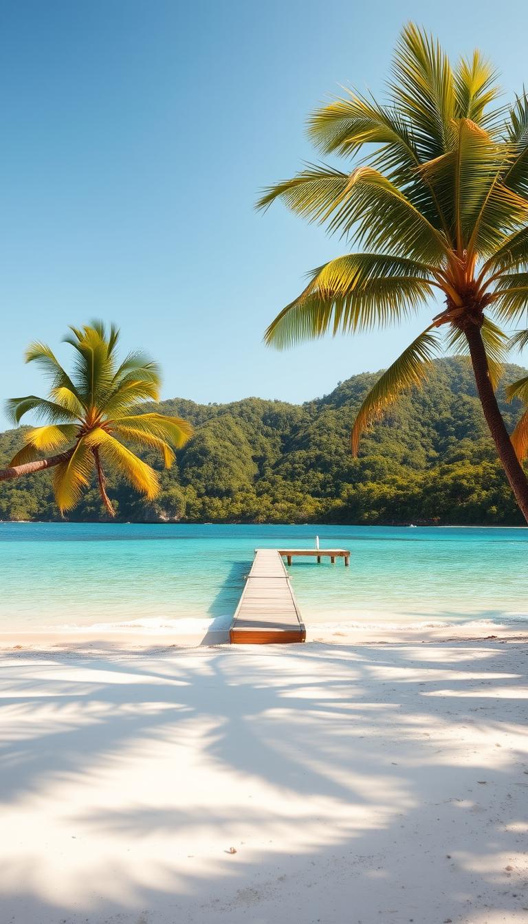 A tranquil Caribbean beach with crystal-clear turquoise waters lapping gently against the pristine white sand. Swaying palm trees cast long shadows on the shore, their fronds gently rustling in the warm, tropical breeze. In the middle ground, a wooden dock extends into the inviting sea, beckoning visitors to dive in and explore the vibrant marine life beneath the surface. The background is dominated by lush, verdant hills covered in a tapestry of lush, verdant foliage, creating a picturesque and serene island paradise. The scene is bathed in warm, golden afternoon light, evoking a sense of relaxation and escapism.