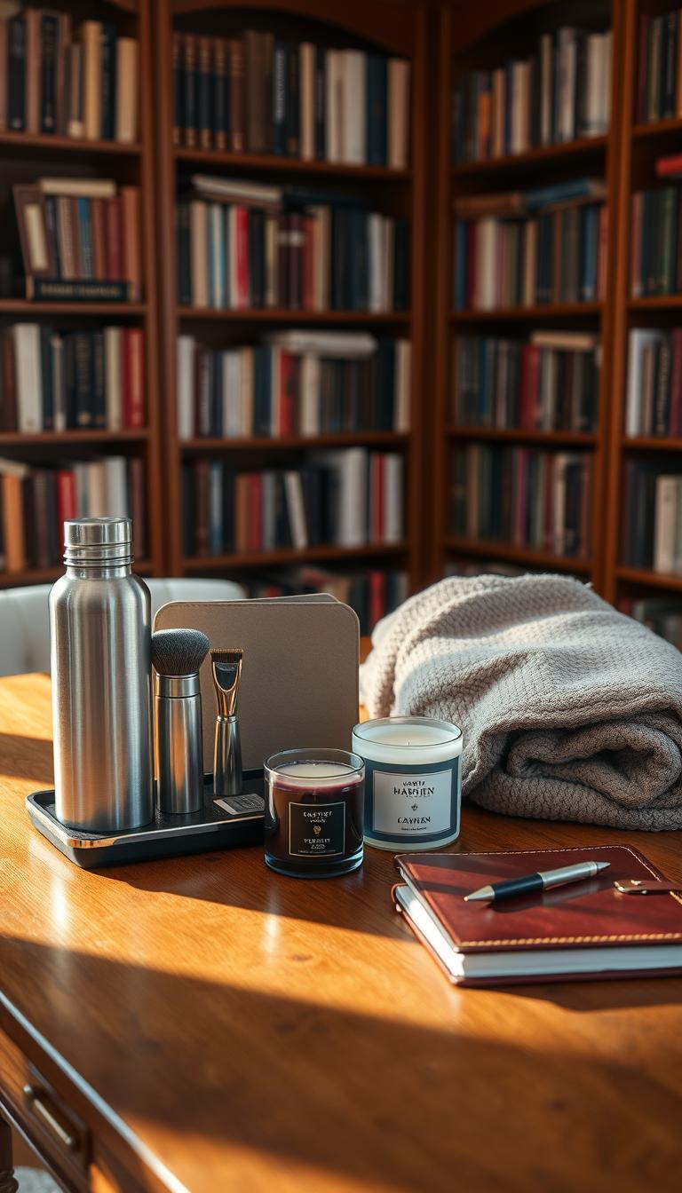 21 Unique Father's Day Gift Ideas He'll Actually Love A cozy, well-lit study room with warm, natural lighting. On a wooden desk, an assortment of thoughtful wellness gifts for a father figure: a sleek, stainless steel water bottle, a high-quality shaving kit, a luxurious scented candle, a plush throw blanket, and a leather-bound journal with a pen. In the background, bookshelves filled with volumes on self-improvement, mindfulness, and personal growth. The room exudes an atmosphere of tranquility and care, inviting the viewer to imagine a father indulging in moments of relaxation and self-reflection.