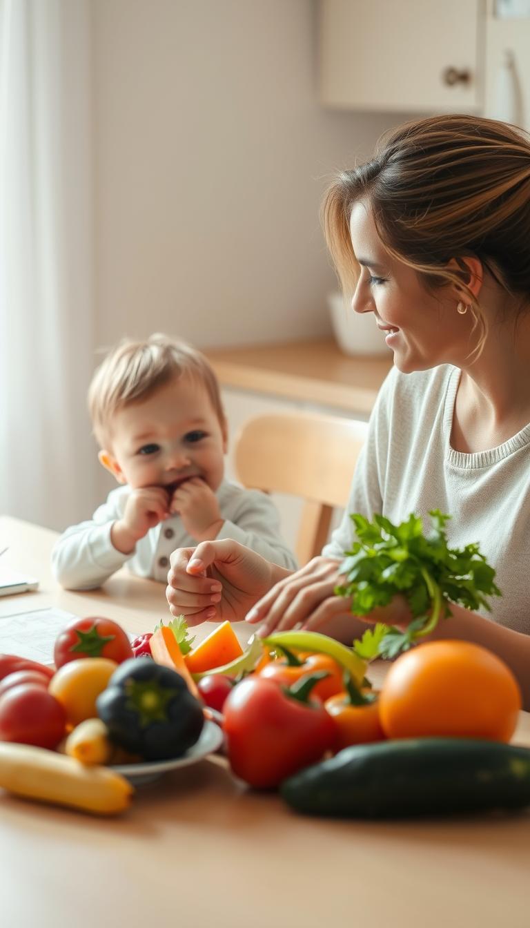 21 Tasty & Nutritious School Lunch Ideas for Kids A parent gently introducing a colorful array of fresh fruits and vegetables to a young child sitting at a kitchen table. The child looks hesitant, but the parent's warm, encouraging expression and body language aims to foster a positive, playful experience. Soft, natural lighting illuminates the scene, creating a soothing, inviting atmosphere. The table is set with simple, uncluttered tableware, allowing the focus to remain on the interaction between the parent and child. The overall mood is one of patience, care, and a gradual, nurturing approach to expanding the child's food preferences.