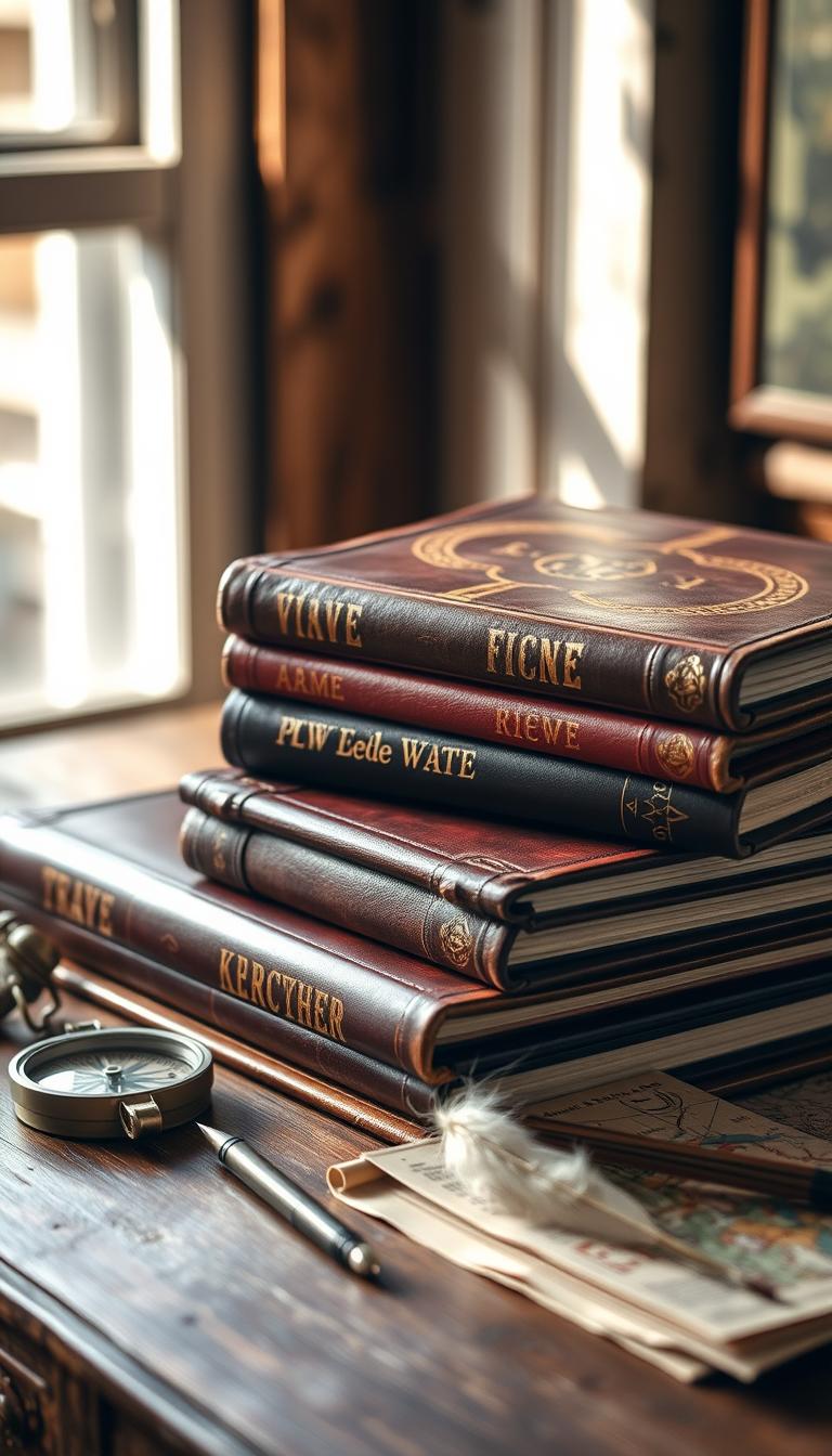 21 Creative Scrapbook Ideas: Trick No One Talks About A neatly organized stack of vintage leather-bound travel albums, resting on a wooden table. The albums have worn, distressed covers in deep shades of brown and burgundy, their spines adorned with gold-embossed titles. Soft, natural lighting filters through a nearby window, casting a warm, inviting glow across the scene. The albums are surrounded by a few scattered mementos - a weathered compass, a quill pen, and a well-traveled map. The overall mood is one of nostalgia and a sense of timeless adventure, evoking the feeling of reminiscing through cherished memories of past journeys.