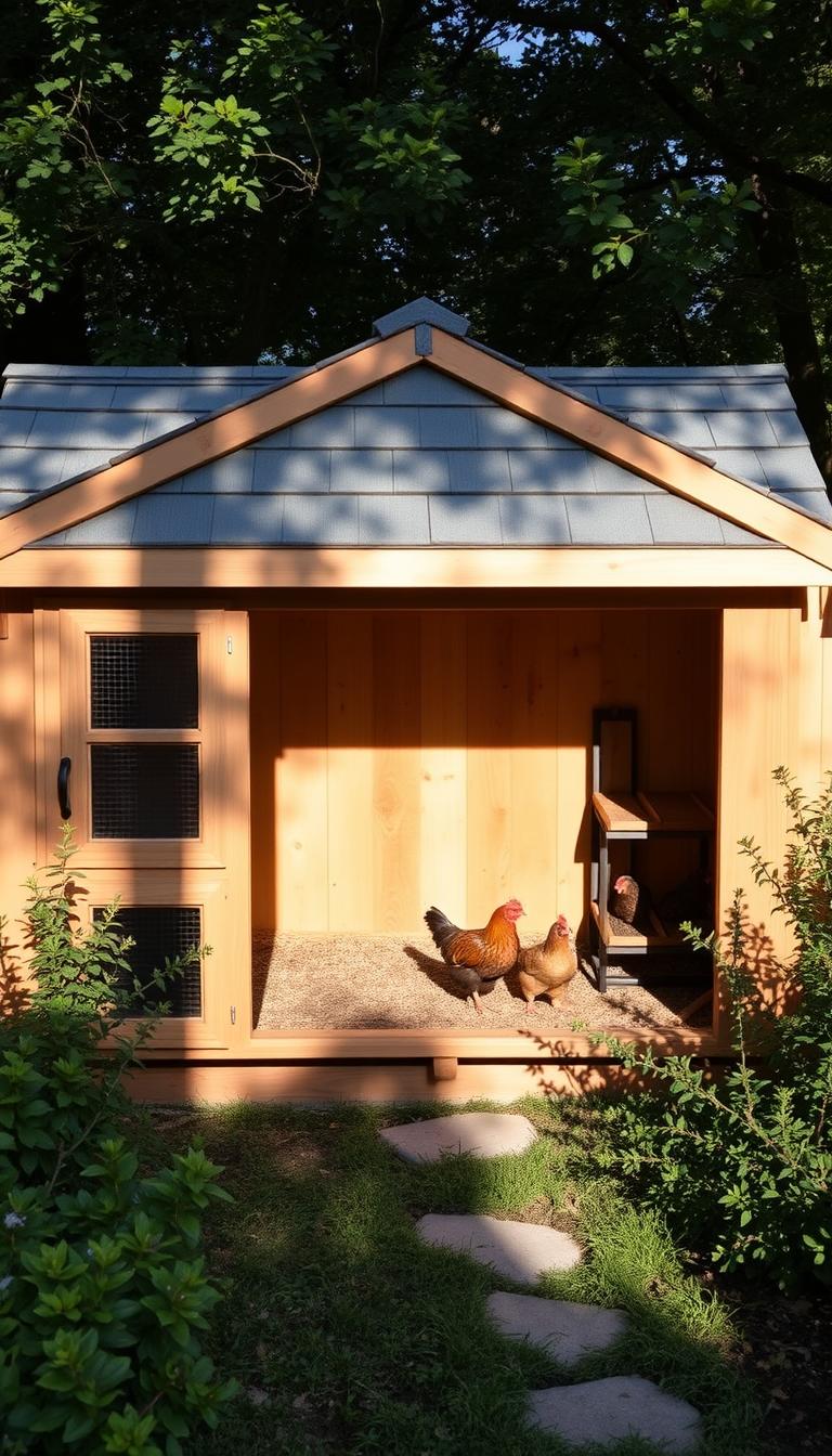 A well-insulated chicken coop nestled in a cozy backyard, its sturdy wooden frame and thick walls keeping the birds warm and protected from the elements. The coop's gabled roof is covered in weathered shingles, casting soft shadows across the front entrance. Sunlight filters through the strategically placed windows, illuminating the interior's practical layout - nesting boxes, roosting bars, and a spacious run for the chickens to freely explore. The coop is situated amidst a lush, verdant landscape, with flourishing plants and a small, meandering pathway leading towards it. A sense of rustic charm and practicality pervades the scene, perfectly suited for a weather-optimized backyard chicken setup.