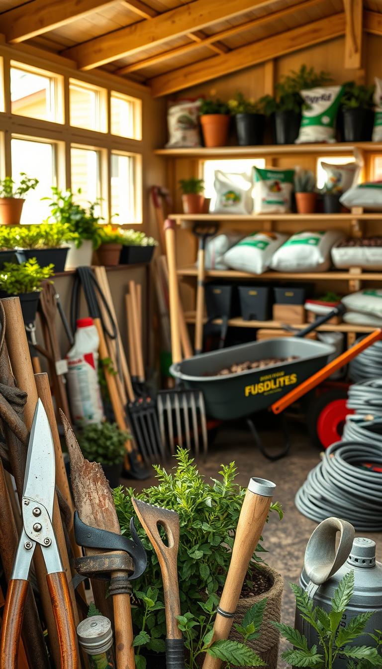 7 Front Yard Flower Bed Mistakes Ruining Your Curb Appeal A neatly organized garden shed, its shelves stocked with an array of essential tools and supplies. In the foreground, a selection of gardening essentials: a pair of sturdy pruning shears, a trowel with a wooden handle, a hand cultivator, and a small watering can. In the middle ground, larger tools stand ready: a garden fork, a long-handled shovel, and a wheelbarrow filled with bags of soil and fertilizer. The background features orderly rows of potted plants, bags of mulch, and coils of garden hose, all bathed in warm, natural lighting that filters through the shed's windows. The overall scene conveys a sense of preparedness and organization, hinting at the successful cultivation of a thriving front yard flower bed.