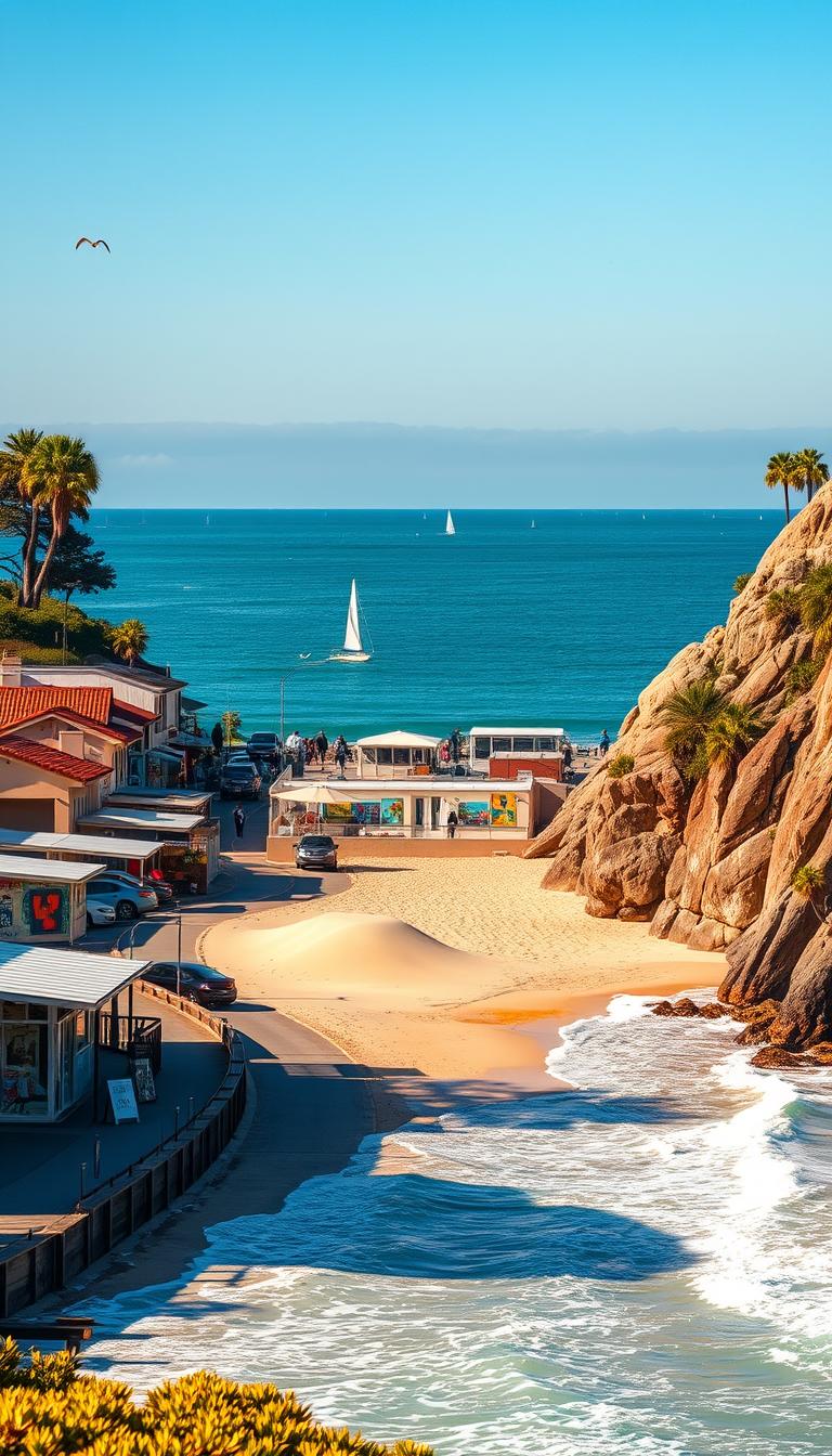 An expansive coastal scene of Laguna Beach's idyllic arts community, captured in warm, golden afternoon light. In the foreground, quaint art galleries and boutiques line a winding seaside promenade, their facades adorned with vibrant murals and whimsical sculptures. In the middle ground, a picturesque beach with soft, sandy dunes and rolling waves laps against the rocky cliffs. Beyond, the azure Pacific stretches to the horizon, dotted with sailboats and seabirds. The entire scene is suffused with a tranquil, inviting atmosphere, conveying the hidden charm and creative spirit of this Southern California haven.