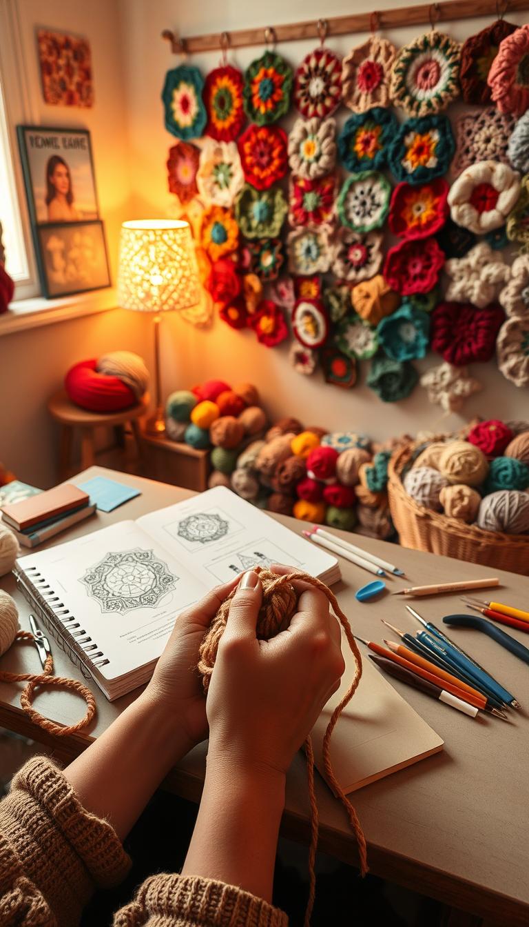 21 Magical Crochet Patterns for Every Skill Level A cozy crochet studio with warm lighting and a well-organized workspace. In the foreground, a crocheter's hands delicately manipulate a tangled ball of yarn, brow furrowed in concentration as they work to troubleshoot a tricky pattern. Nearby, a sketchbook displays an intricate crochet design, alongside an array of hooks, stitch markers, and other essential tools. The middle ground features a neatly arranged collection of colorful yarn skeins, while the background showcases a wall adorned with finished crochet projects in a variety of patterns and hues, offering inspiration and guidance.