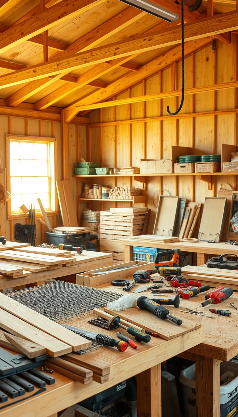 A well-lit, airy workshop interior filled with a variety of DIY chicken coop construction materials. On sturdy workbenches, an assortment of wooden planks, metal mesh, hinges, screws, and tools like saws, drills, and hammers are neatly arranged. Warm natural lighting filters through large windows, casting a soft glow on the scene. In the background, shelves hold additional supplies like nesting boxes, feed troughs, and other chicken-rearing essentials. The overall atmosphere conveys a sense of organized preparation and practical creativity, ideal for a DIY chicken coop project.