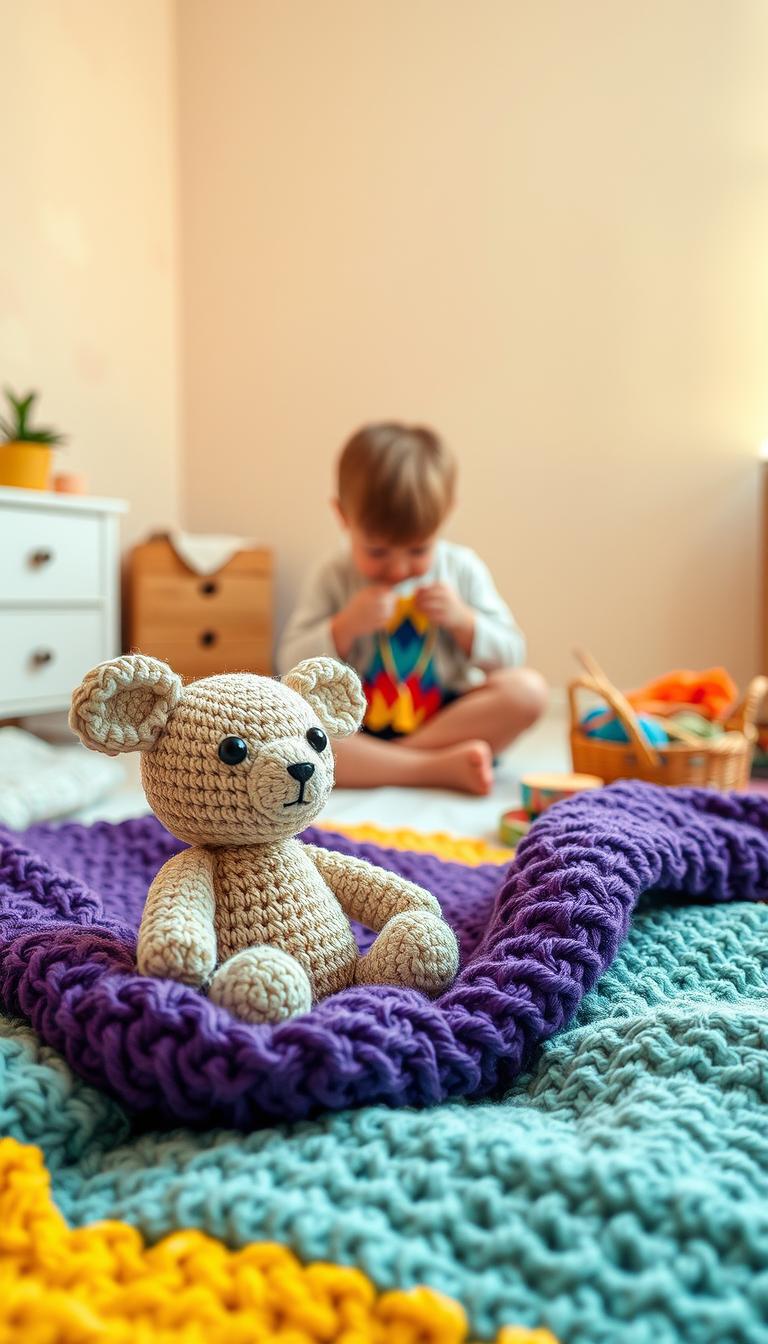 21 Magical Crochet Patterns for Every Skill Level A cozy and inviting crochet-themed scene, featuring a warm and comfy child's bedroom. In the foreground, an adorable knitted stuffed animal, perhaps a whimsical bear or bunny, sits atop a plush, jewel-toned blanket. In the middle ground, a small child, their face obscured, sits cross-legged on the floor, intently focused on creating a colorful crochet project, with a basket of yarn and hooks nearby. The background showcases a cheerful, pastel-hued wallpaper, perhaps with a subtle pattern of clouds or stars, creating a serene and nurturing atmosphere. Natural light floods the room, casting a soft, golden glow and highlighting the textures of the yarn and fabrics. The overall scene radiates a sense of comfort, creativity, and the joyful pursuit of a beloved craft.