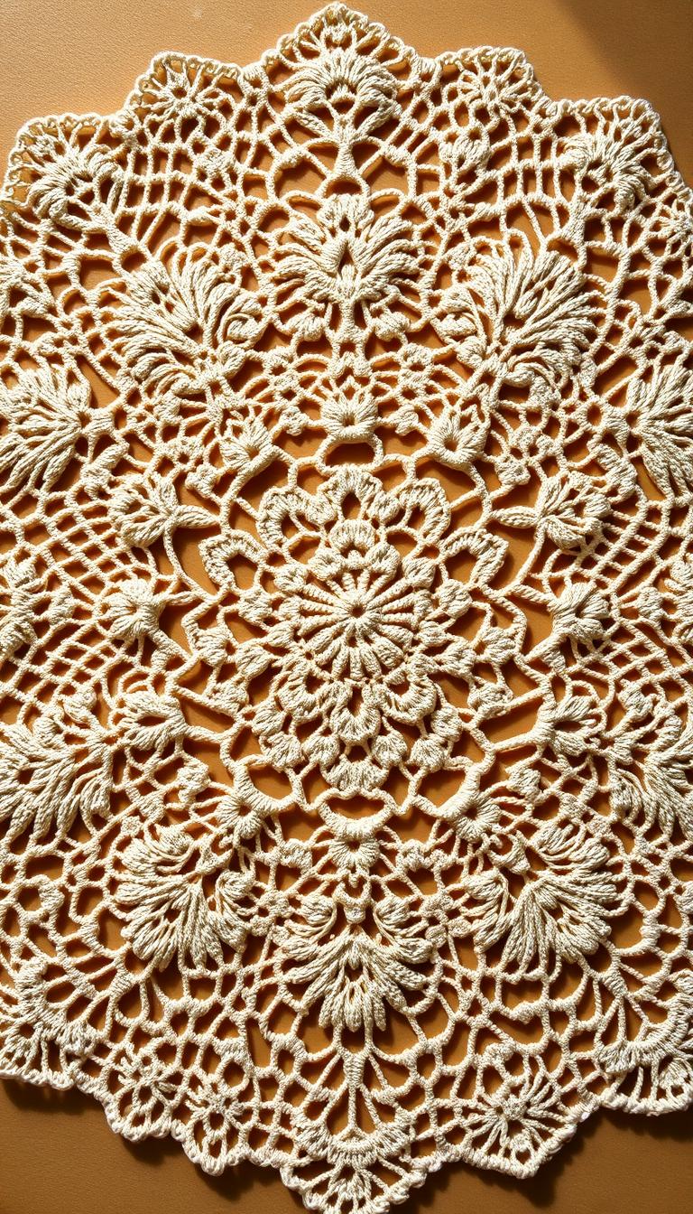 21 Magical Crochet Patterns for Every Skill Level A highly detailed, intricate crochet doily design, featuring exquisite floral motifs, delicate lace patterns, and a captivating symmetrical arrangement. Showcasing advanced crochet techniques, the doily is rendered in a soft, warm palette, with subtle variations in shades of cream, beige, and ivory. Evenly distributed, the lace-like openwork and intricately woven stitches create a sense of depth and dimensionality, drawing the viewer's eye into the mesmerizing design. Illuminated by soft, diffused lighting from above, the doily casts delicate shadows, adding to the sense of sophistication and elegance. Captured at a medium close-up angle, the image fills the frame, highlighting the intricate details and showcasing the craftsmanship of this exceptional crochet masterpiece.