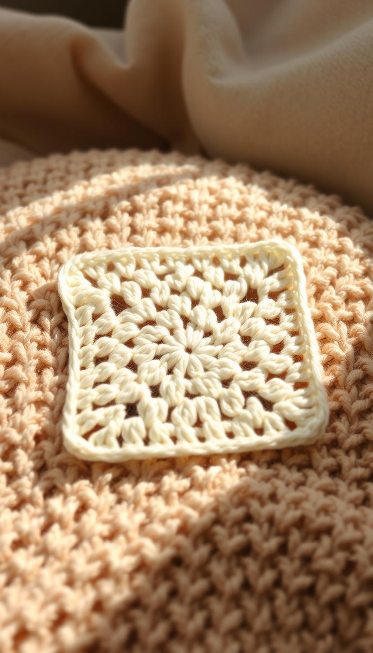 21 Magical Crochet Patterns for Every Skill Level Soft, warm, and inviting, a simple granny square unfolds upon a cozy, textured surface. Gentle hues of cream and earthy tones create a comforting palette, as the square's classic geometric pattern emerges in a delicate, handcrafted manner. Carefully placed shadows and gentle highlights accentuate the intricate stitches, evoking a sense of timeless craftsmanship. The scene is illuminated by a soft, diffused light, casting a serene, inviting atmosphere - perfect for a beginner's crochet project. The image conveys a sense of simplicity, charm, and the joy of creating something with one's own hands.