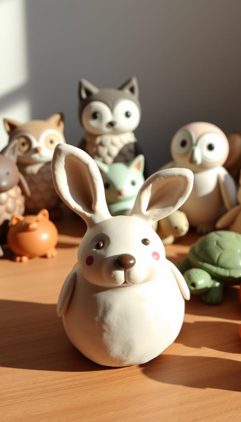 A whimsical collection of animal-shaped pinch pots, meticulously crafted with delicate clay. In the foreground, a playful bunny pot sits atop a wooden surface, its rounded ears and button nose exuding a charming, tactile presence. Surrounding it, a menagerie of other creatures - a curious cat, a majestic owl, and a serene turtle - each with their own unique personality, inviting the viewer to pick them up and admire their intricate details. Soft, natural lighting casts gentle shadows, highlighting the organic textures and subtleties of the handmade forms. The overall atmosphere is one of enchantment, where the boundaries between function and art blur, creating a delightful display of handcrafted ceramic wonder.