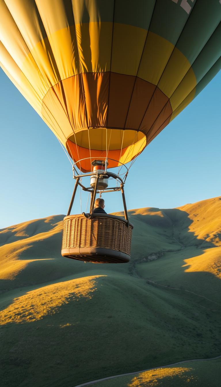 21 Unique Father's Day Gift Ideas He'll Actually Love A breathtaking hot air balloon ride over a serene landscape, with the balloon's colorful fabric billowing against a clear blue sky. The basket is adorned with intricate detailing, casting gentle shadows on the lush, rolling hills below. The scene is bathed in warm, golden sunlight, creating a sense of tranquility and adventure. The camera captures the experience from a low angle, emphasizing the grandeur of the ascent and the exhilaration of the journey. The image conveys a timeless and unique gift that will create lasting memories for the recipient.
