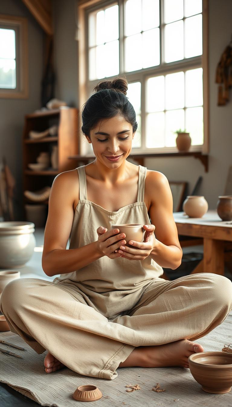 A serene, well-lit studio with natural light streaming in from large windows. A skilled artisan sits cross-legged, their hands deftly shaping a lump of soft, malleable clay into a delicate pinch pot. The clay glistens under the warm glow, revealing its rich, earthy texture. The artisan's focused expression and gentle movements convey the meditative nature of the craft. In the background, various pottery tools and partially formed ceramic pieces sit on a workbench, hinting at the artistic process. The overall scene exudes a sense of tranquility and the joy of creating something with one's own hands.