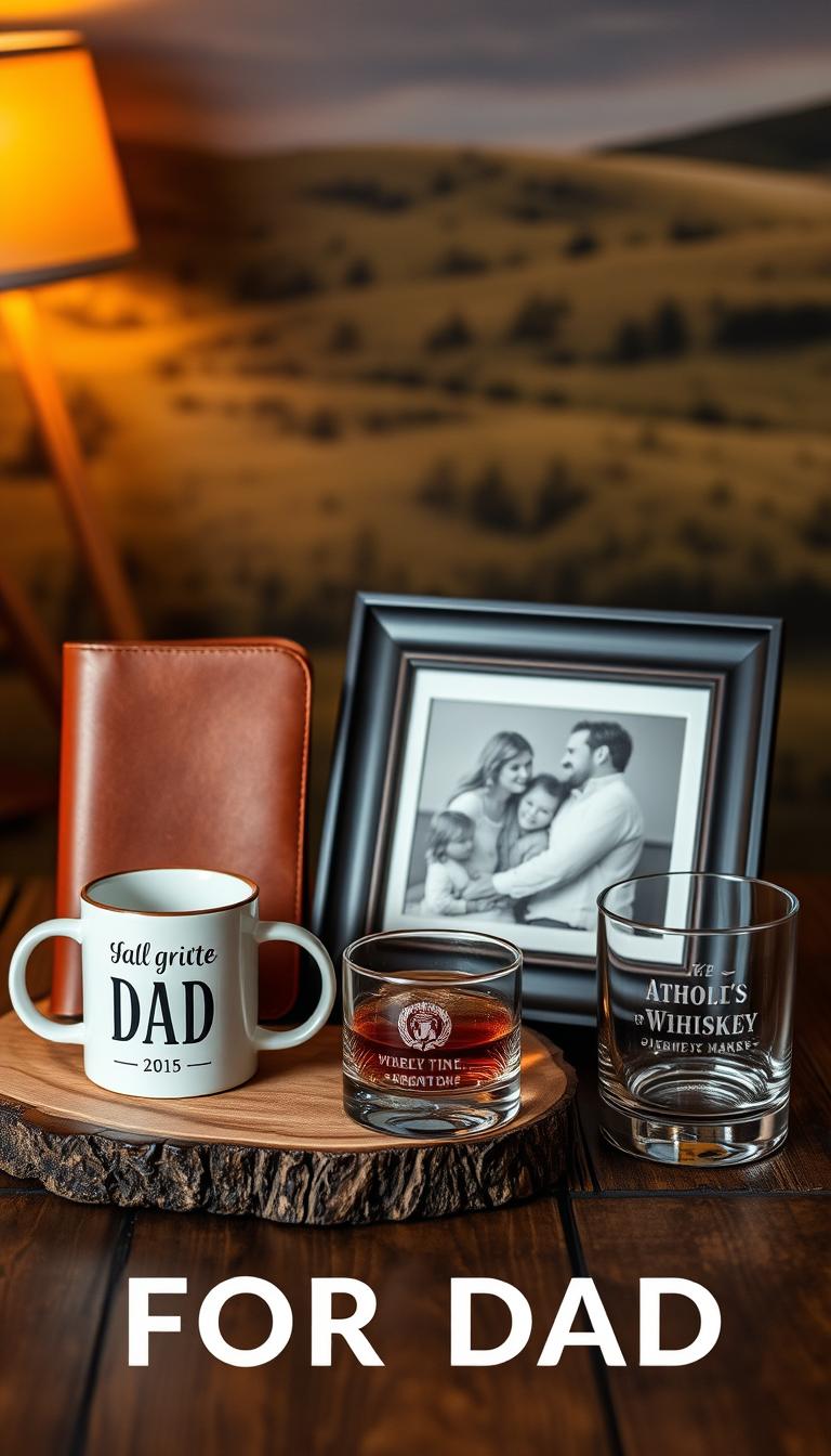 21 Unique Father's Day Gift Ideas He'll Actually Love A neatly arranged display of personalized gifts for dad, including a leather-bound journal, a customized coffee mug, a framed family portrait, and a set of engraved whiskey glasses. The items are placed on a rustic wooden table, illuminated by warm, soft lighting that casts a cozy, intimate atmosphere. The background features a blurred, natural landscape, hinting at the outdoors and the idea of thoughtful, heartfelt gifts. The overall composition conveys a sense of care, attention to detail, and a deep appreciation for the special father figure.