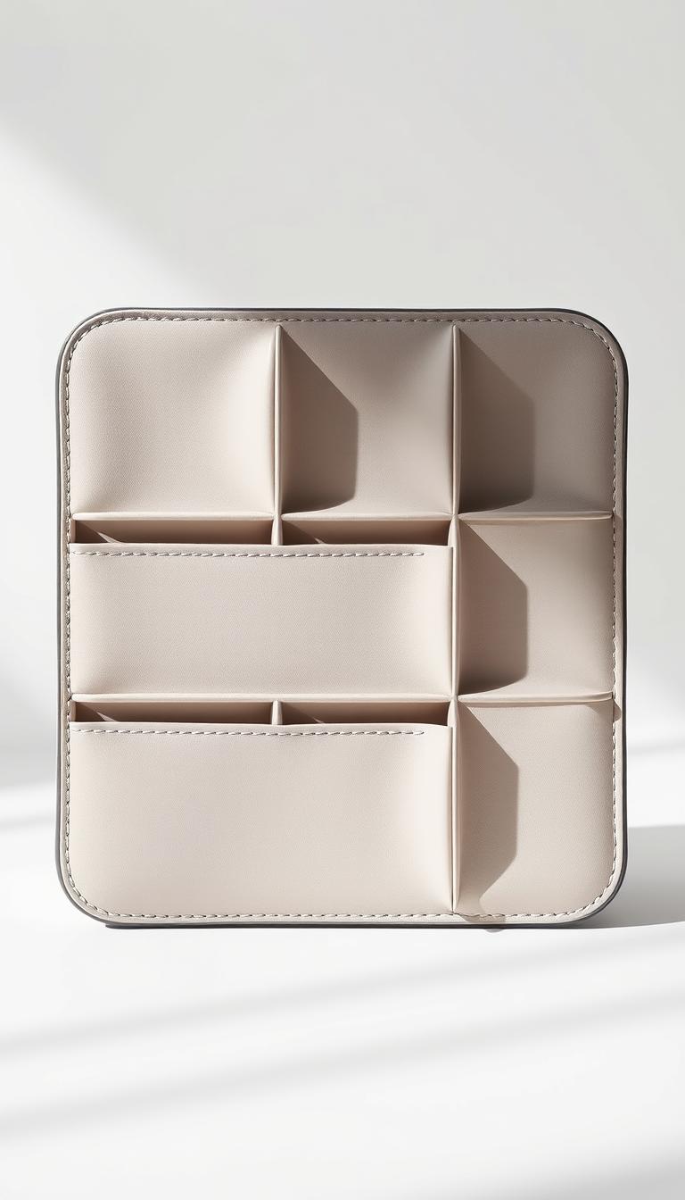 20 Cute DIY Pencil Case Designs You'll Love A sleek, modern pencil case with multiple compartments, arranged in a harmonious grid-like layout. The case is composed of a smooth, matte material, possibly leather or high-quality synthetic, in a neutral palette like gray or beige. Each compartment has a subtle, contrasting outline, creating a visually interesting and organized aesthetic. The lighting is soft and diffused, casting gentle shadows that accentuate the case's form and texture. The camera angle is slightly elevated, capturing the pencil case in a three-quarter view to showcase its multi-functional design. The background is a clean, minimalist setting, allowing the pencil case to be the focal point of the composition.