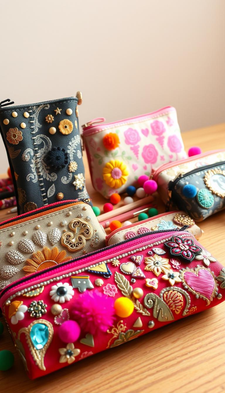 20 Cute DIY Pencil Case Designs You'll Love A collection of intricately decorated pencil cases arranged artfully on a wooden surface. The foreground features a vibrant assortment of pencil cases adorned with eye-catching patterns, textures, and embellishments - metallic accents, embroidered designs, and colorful pom-poms. The middle ground showcases various creative techniques like decoupage, fabric wrapping, and resin casting, elevating the pencil cases into unique, personalized accessories. The background has a soft, diffused lighting that creates a warm, inviting atmosphere, highlighting the craftsmanship and attention to detail. The overall composition conveys a sense of whimsical creativity and DIY inspiration.