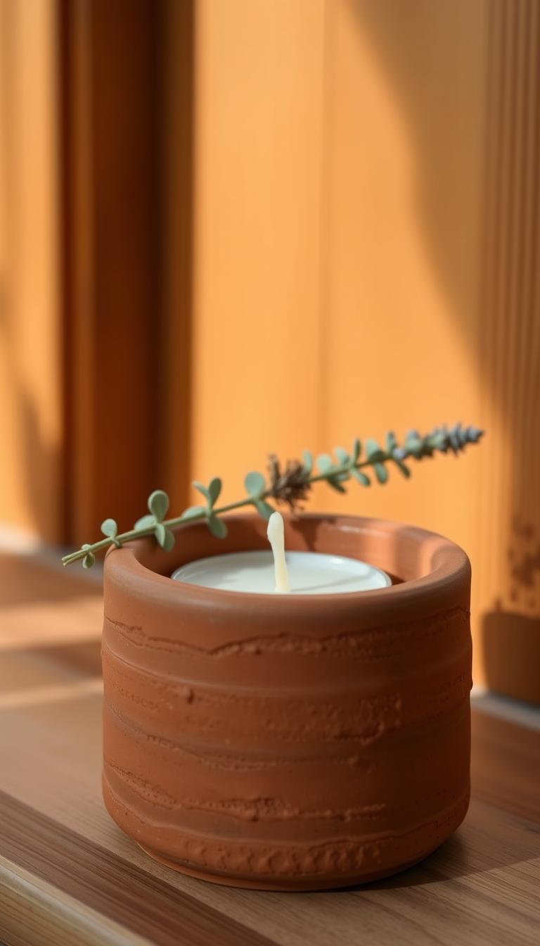 A handcrafted ceramic candle holder in an earthy, organic style, showcasing the maker's unique pinch pot technique. The foreground features a cylindrical holder in a warm terracotta hue, gently textured with the imprints of the artist's fingers. Resting atop is a simple, unscented candle, its soft glow radiating through the vessel. In the middle ground, a sprig of eucalyptus or dried lavender adds a natural, gift-worthy touch. The background is a softly blurred, natural setting, perhaps a wood-paneled surface or a sun-dappled windowsill, complementing the handmade aesthetic. Warm, ambient lighting casts gentle shadows, highlighting the tactile, artisanal qualities of this unique DIY pottery piece.