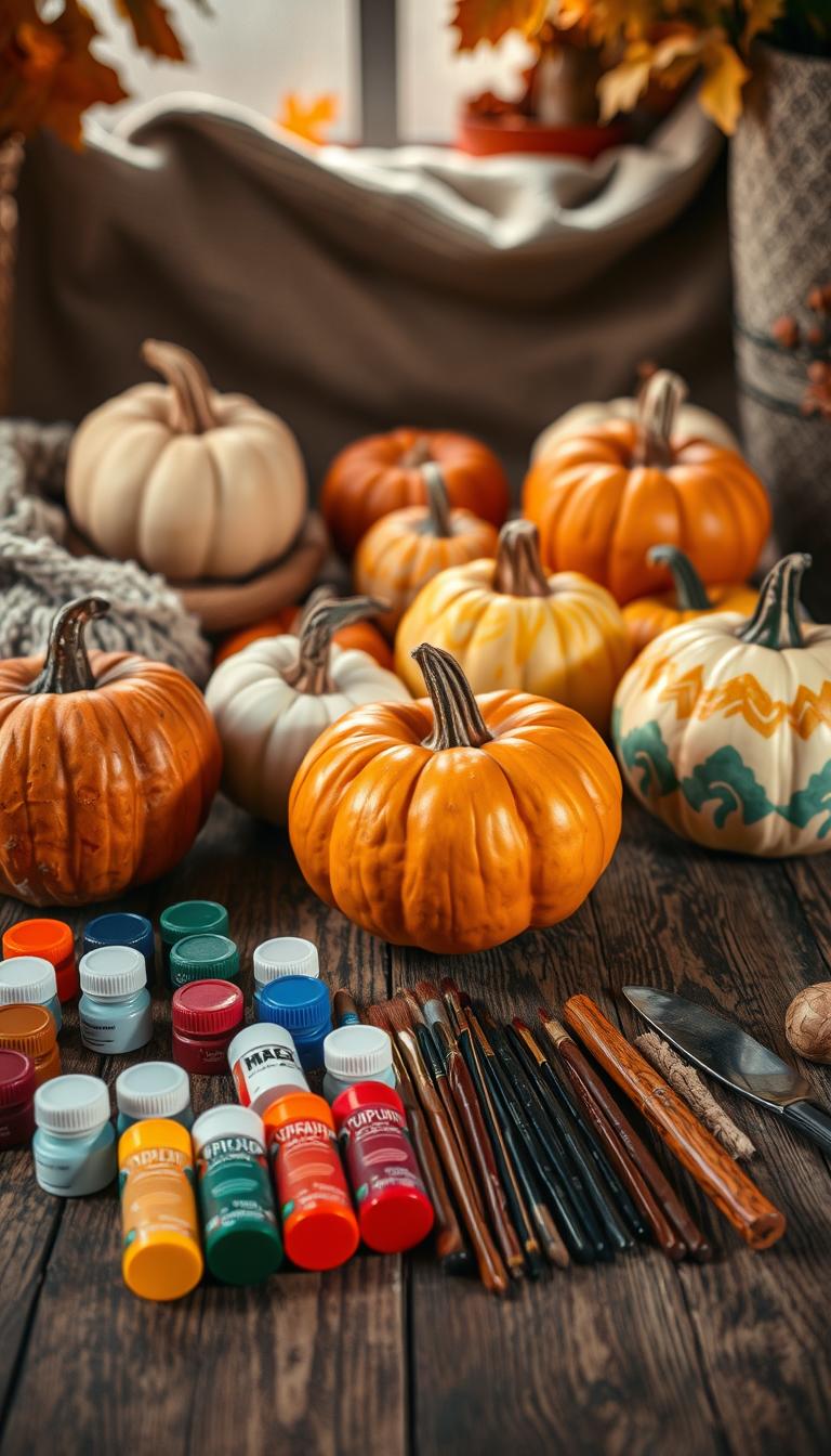 21 Creative Pumpkin Painting Ideas for Fall Inspiration A still life arrangement showcasing an assortment of pumpkin painting supplies in a warm, autumnal setting. In the foreground, an array of vibrant acrylic paints, brushes of varying sizes, and a palette knife laid out neatly on a rustic wooden table. The middle ground features a selection of pumpkins in various stages of transformation, some plain, others partially painted with intricate designs. In the background, a cozy, textile-rich environment with hints of fall foliage and soft, directional lighting, creating a cozy, inspiring atmosphere perfect for creative pumpkin painting.