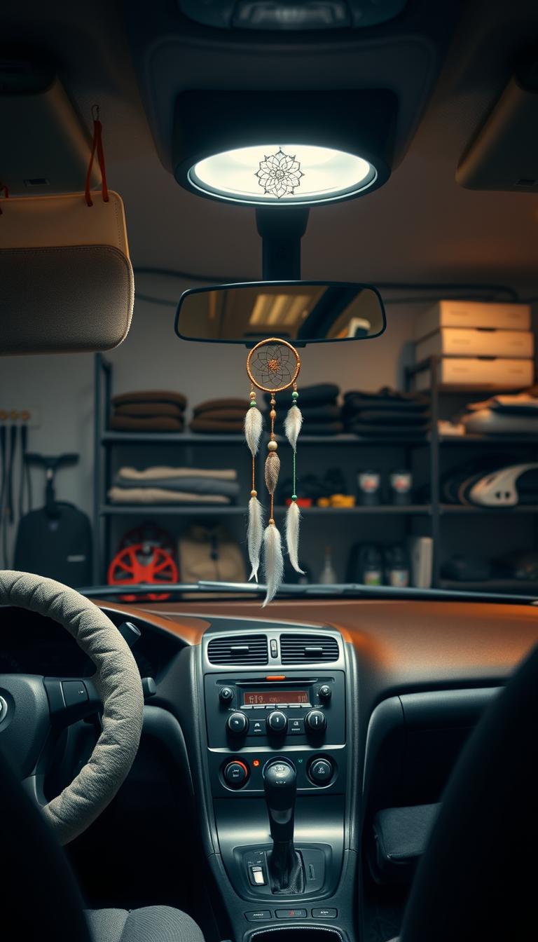 21 Stylish Senior Car Decorating Ideas to Personalize Your Ride A well-lit, spacious garage interior with warm, diffused lighting illuminating a collection of tasteful, senior-friendly car accessories. In the foreground, a steering wheel cover with a soft, velvety texture in a muted color palette. On the dashboard, a non-slip phone mount and a decorative air freshener with a subtle, pleasant scent. Hanging from the rearview mirror, a dreamcatcher-inspired sun catcher that casts delicate patterns of light. The middle ground showcases a set of reflective, anti-glare windshield wipers and a cushioned seatbelt cover for added comfort. In the background, shelves displaying various grab handles, seatbelt positioners, and other ergonomic driving aids, all designed with the safety and convenience of senior drivers in mind.