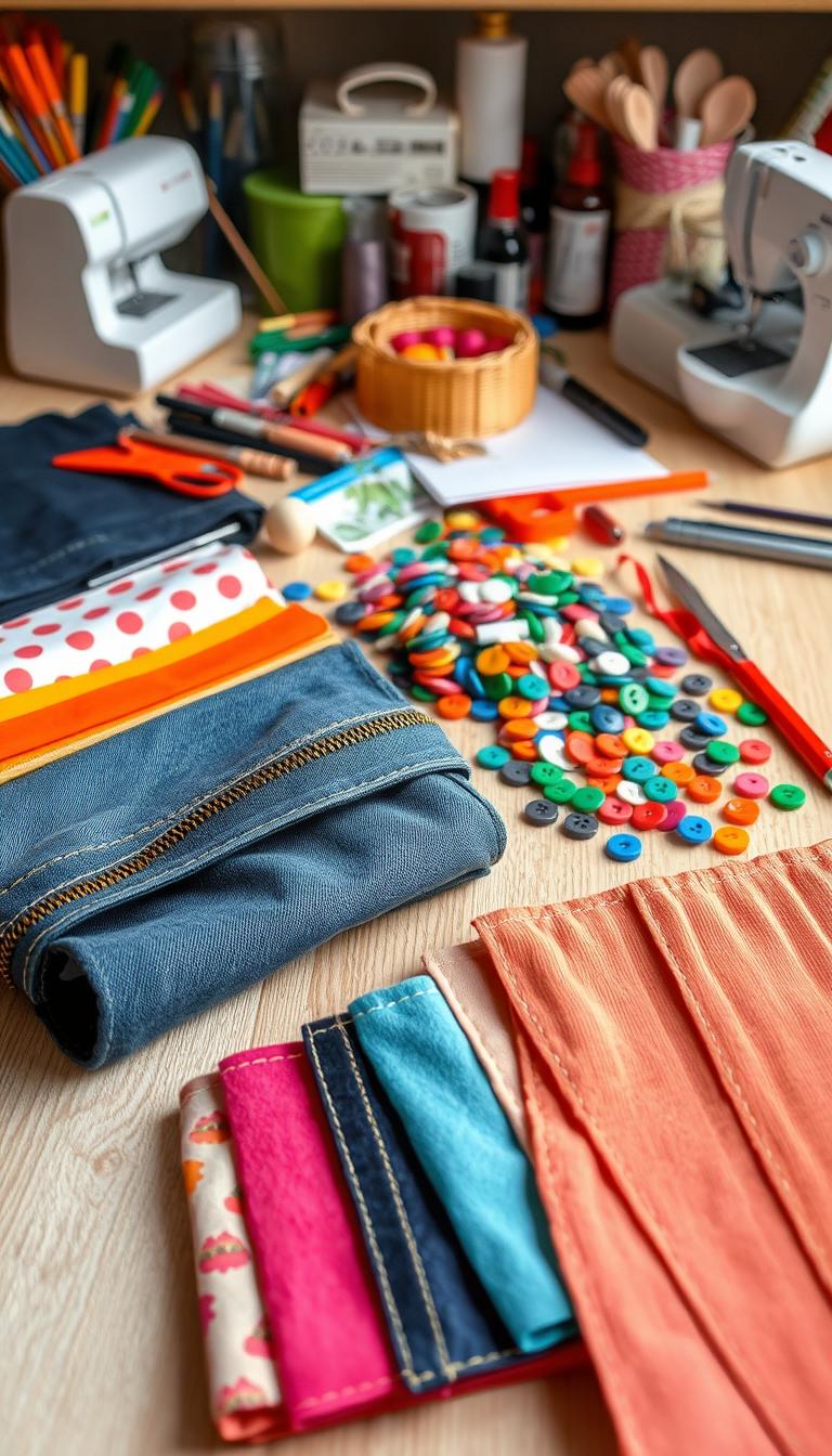 20 Cute DIY Pencil Case Designs You'll Love A well-lit tabletop showcasing an array of common DIY pencil case materials. In the foreground, a selection of fabrics in various patterns and textures - cotton, denim, felt, and corduroy. In the middle ground, an assortment of colorful zippers, buttons, and decorative trims. In the background, a variety of sewing tools and supplies, including scissors, needles, thread, and a small sewing machine. The overall scene conveys a sense of creativity, organization, and attention to detail, setting the stage for a successful DIY pencil case project.