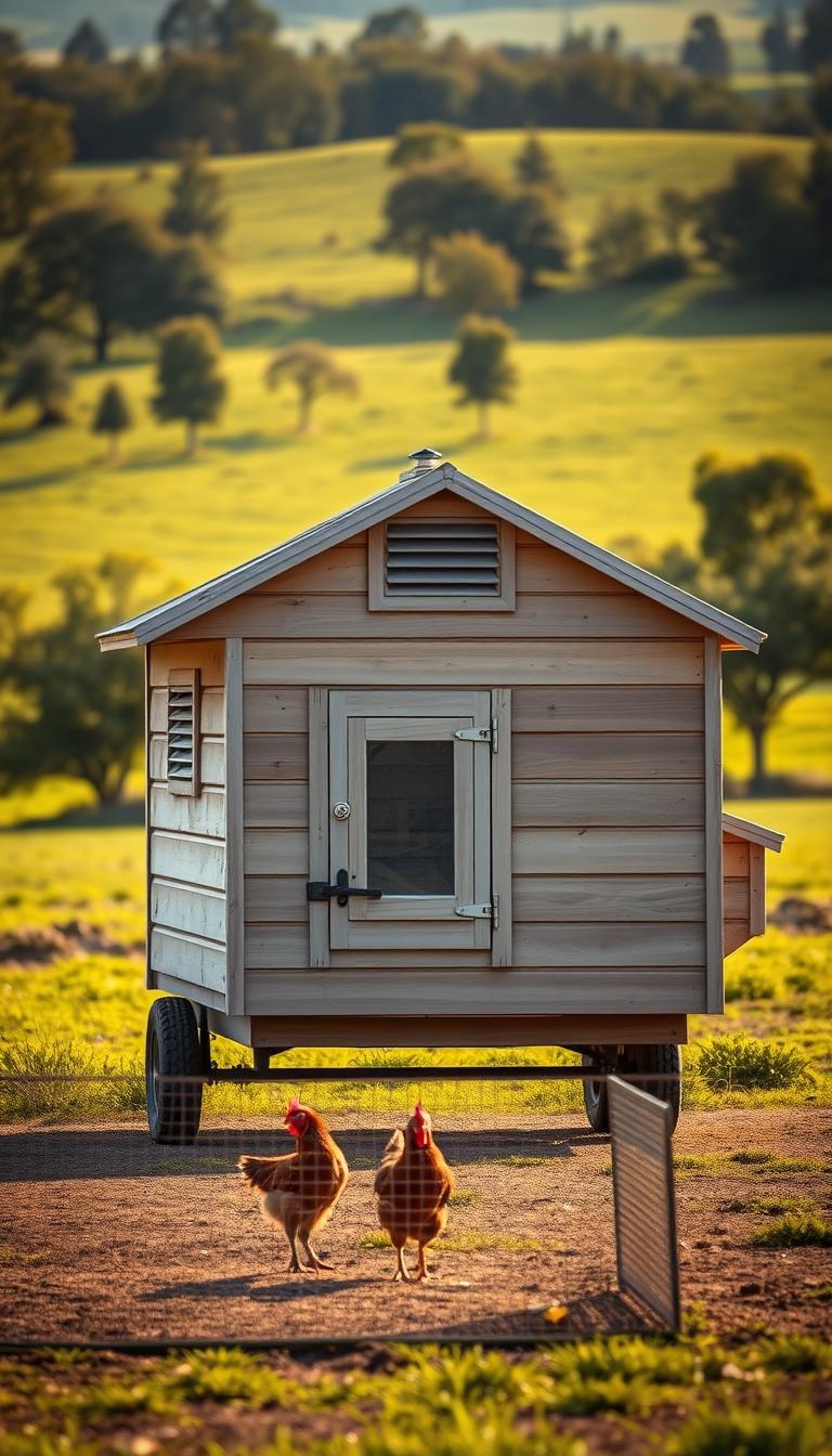 A mobile chicken coop in a countryside setting, with a compact, modular design on sturdy wheels for easy relocation. The coop features an A-frame roof, ventilated sides, and a raised off-the-ground platform to protect the chickens. In the foreground, a small run or fenced area allows the birds to roam and forage safely. The background showcases a lush, green meadow with scattered trees, creating a harmonious, pastoral atmosphere. Warm, natural lighting illuminates the scene, casting soft shadows and highlighting the rustic, weathered wood texture of the coop. The overall composition conveys a sense of mobility, functionality, and integration with the natural environment.