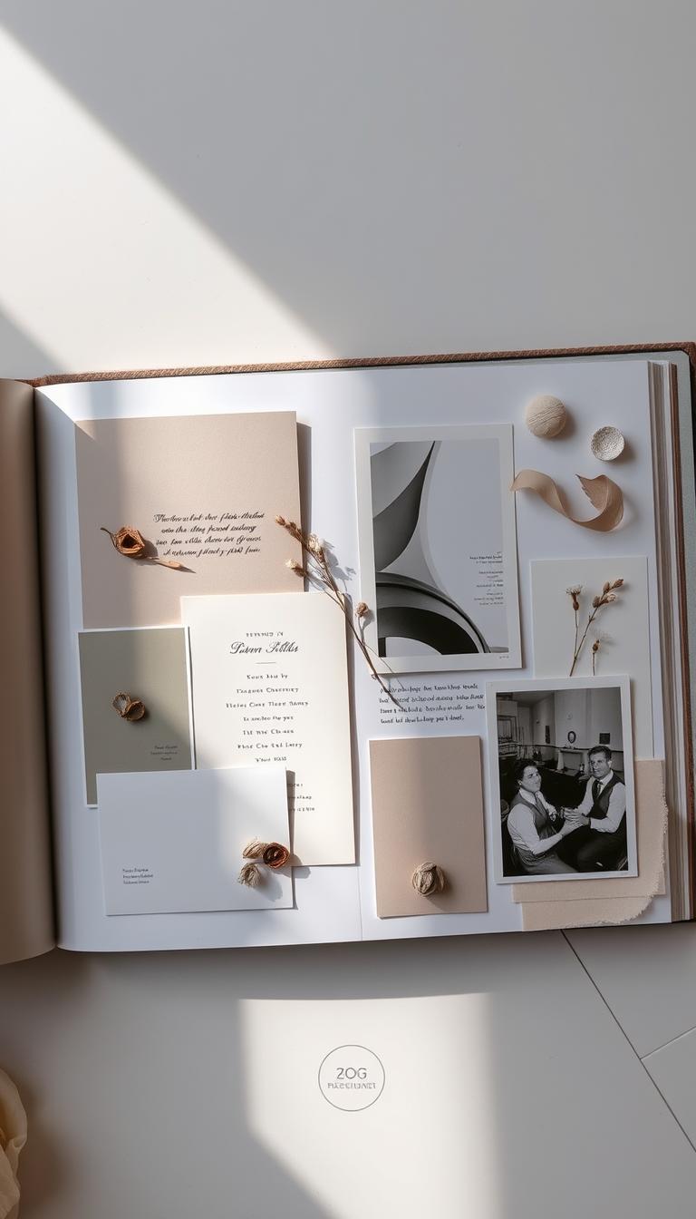 21 Creative Scrapbook Ideas: Trick No One Talks About Elegant scrapbook spread with a mix of vintage-inspired stationery, handcrafted paper embellishments, and minimalist photo arrangements. A neutral color palette of soft grays, whites, and natural tones creates a serene, high-end aesthetic. Soft, diffused lighting from above casts gentle shadows, highlighting the tactile textures of the materials. The composition is balanced, with a mix of vertical and horizontal elements that draw the eye across the page. An overall sense of effortless sophistication, showcasing budget-friendly yet luxe-looking scrapbooking ideas.