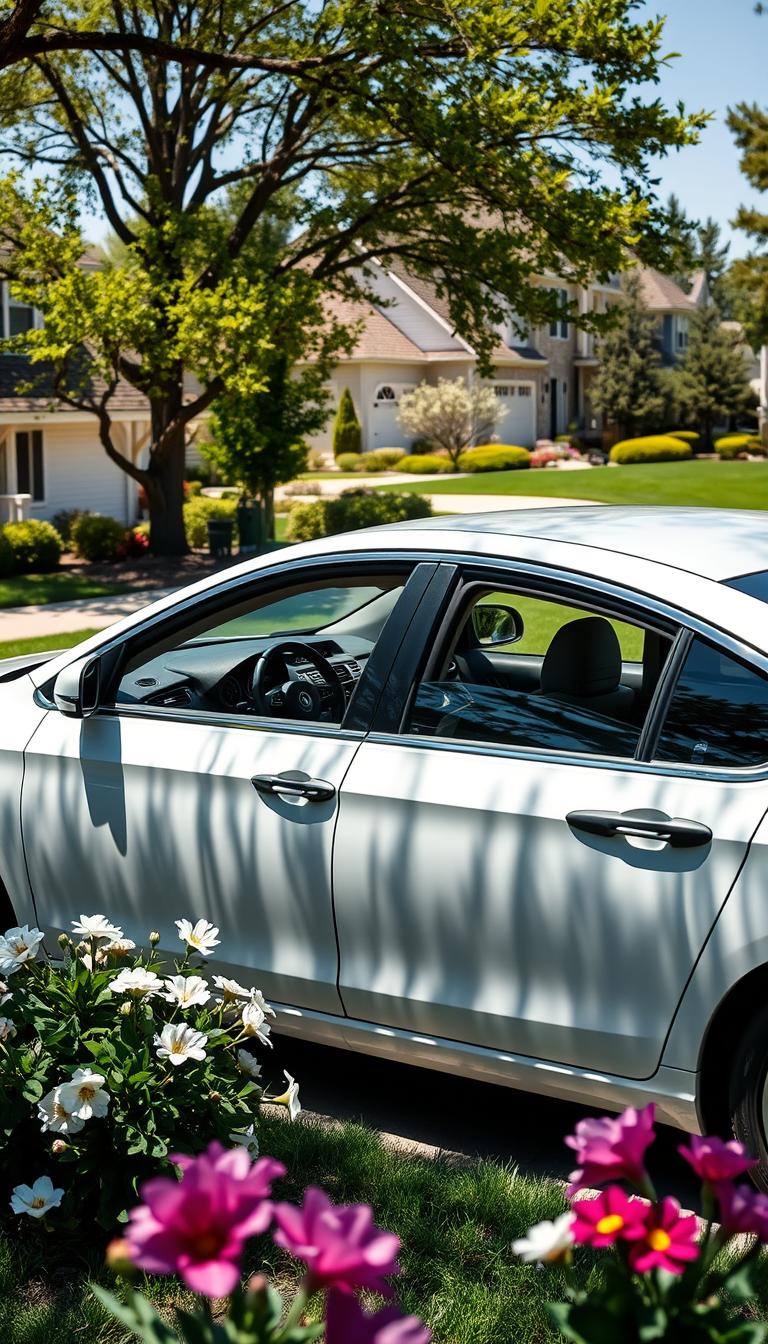 21 Stylish Senior Car Decorating Ideas to Personalize Your Ride A sunny, well-lit outdoor scene featuring a senior-friendly car decorated with elegant yet practical accessories. The car is parked in a peaceful suburban neighborhood, with a lush, manicured lawn and blooming flowers in the foreground. On the car, a tasteful assortment of accessories including a magnifying visor, large-print dashboard decals, a steering wheel cover with a comfortable grip, and a specialized mobility aid such as a grab handle or step stool. The overall aesthetic is a harmonious blend of style and functionality, reflecting the needs and preferences of the senior driver. The composition is balanced, with the car as the focal point, surrounded by a serene, inviting atmosphere.
