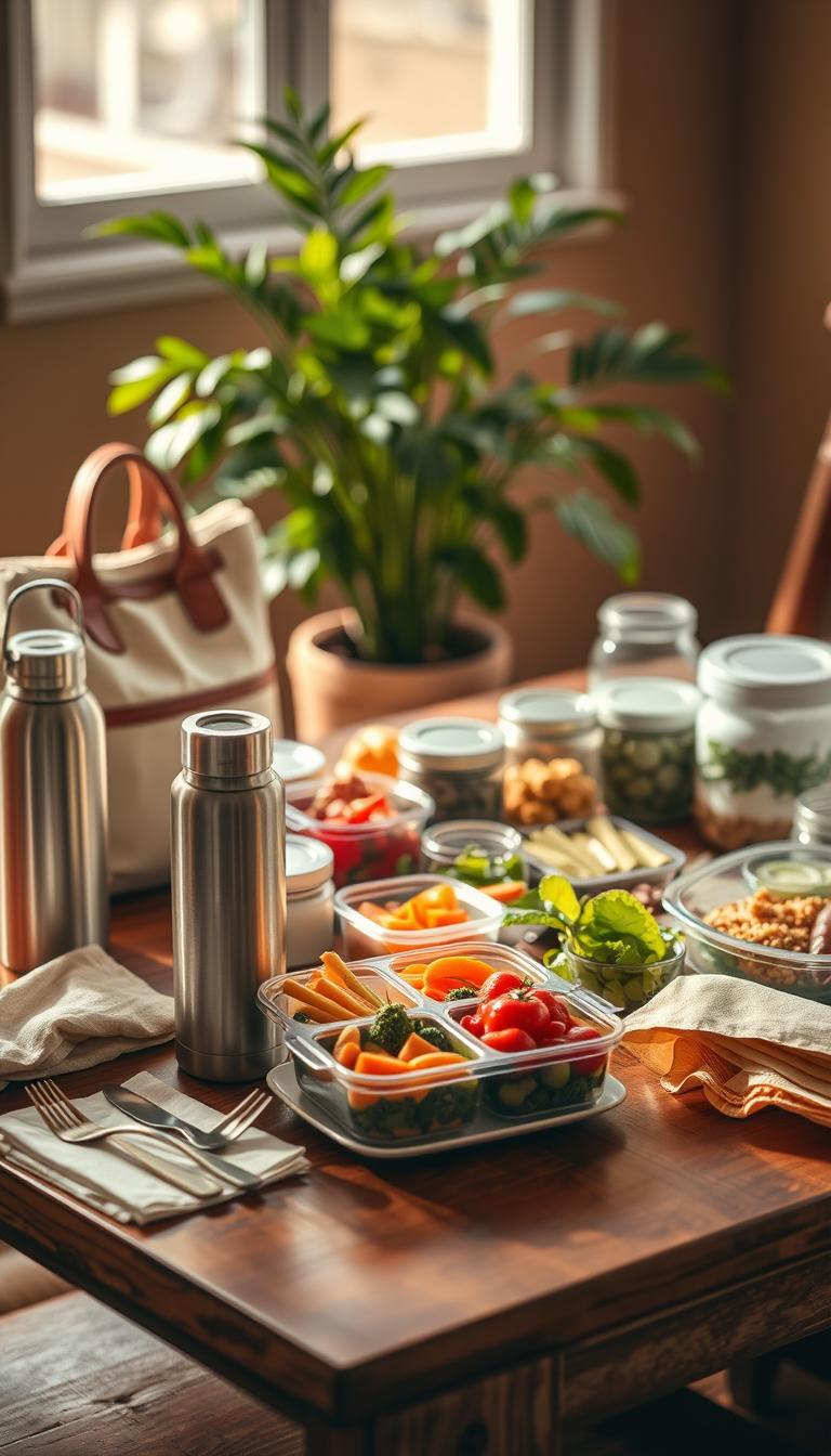 21 Tasty & Nutritious School Lunch Ideas for Kids A meticulously curated eco-friendly lunch spread on a wooden table, featuring a variety of reusable containers, cloth napkins, and colorful, healthy food items. The scene is illuminated by warm, natural lighting, casting a cozy, inviting atmosphere. In the foreground, a stainless steel water bottle, a canvas lunch bag, and a set of bamboo utensils create a visually appealing arrangement. The middle ground showcases a variety of reusable food storage options, including glass jars, silicone containers, and beeswax wraps, all neatly organized. In the background, a lush, verdant plant adds a touch of natural, sustainable charm to the composition.
