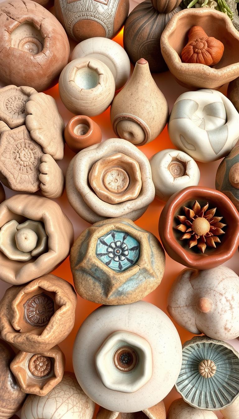 Intricate handcrafted pottery designs, arranged in a visually striking display. Decorative pinch pots in a variety of organic shapes and textures, including rough clay, smooth glazed surfaces, and delicate patterns. The compositions feature a mix of earthy tones, bold colors, and subtle shades, creating a harmonious and visually appealing arrangement. Warm, soft lighting illuminates the pieces, highlighting their unique textures and forms. The focus is on the artistry and creativity of the DIY pottery, showcasing its potential to enhance any living space with its distinctive charm and character.