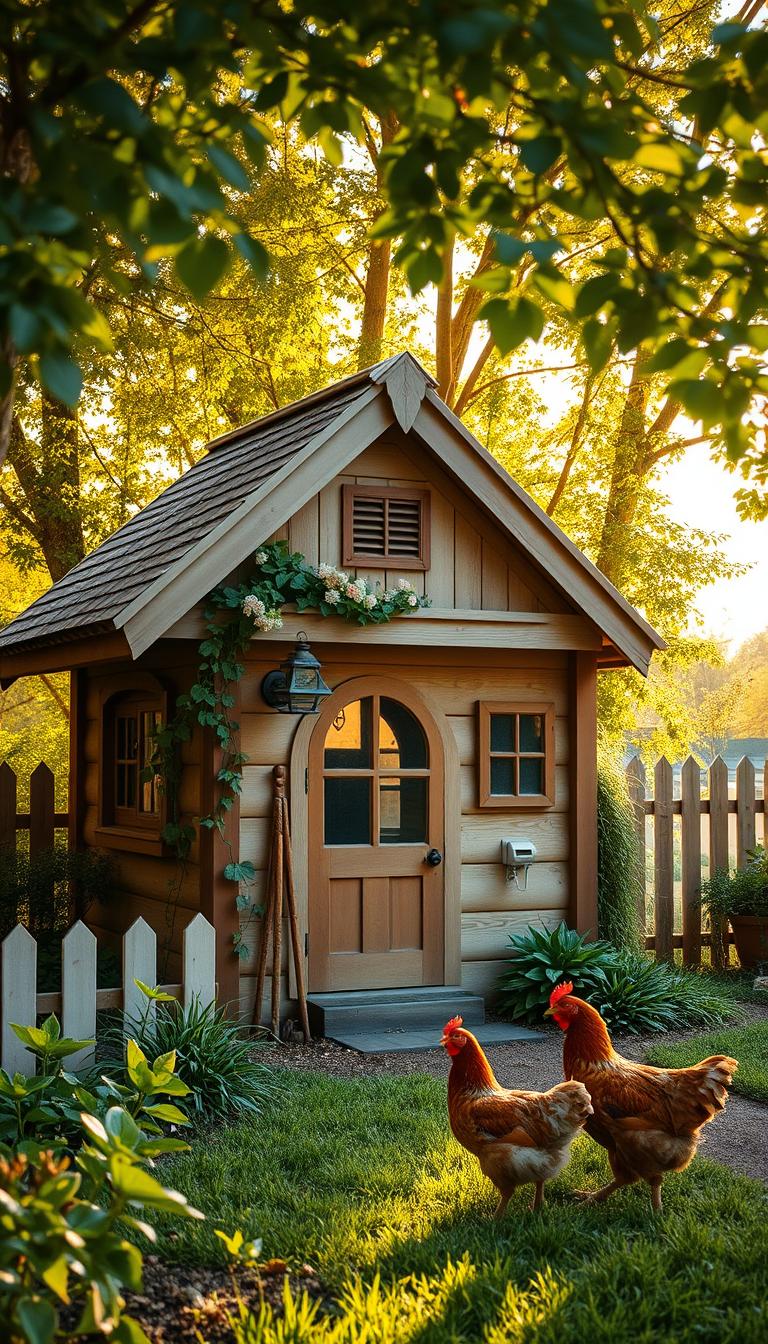 A charming cottage-style chicken coop nestled in a lush, verdant backyard. The structure features rustic wooden beams, a sloped roof with weathered shingles, and decorative gables. Flowering vines climb the walls, adding a touch of whimsy. The coop is surrounded by a picket fence, creating a serene and inviting enclosure. Warm, golden afternoon light filters through the trees, casting a cozy glow over the scene. A pair of hens cluck contentedly as they forage in the well-tended garden nearby. This stylish yet practical design seamlessly blends form and function, creating a beautiful and functional backyard sanctuary for your feathered friends.