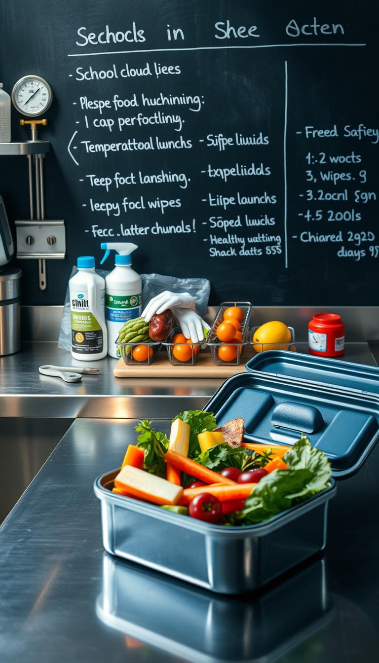 21 Tasty & Nutritious School Lunch Ideas for Kids A stainless steel kitchen counter, meticulously organized with food safety essentials - thermometer, sanitizing wipes, gloves, and labels. In the foreground, a lunchbox filled with fresh, vibrant ingredients like crisp vegetables, ripe fruit, and healthy protein sources. Soft, natural lighting illuminates the scene, creating a sense of cleanliness and care. The background features a chalkboard wall with handwritten reminders about proper food handling, temperature control, and expiration dates. The overall atmosphere conveys a message of diligence, attention to detail, and a commitment to keeping school lunches safe and nutritious.