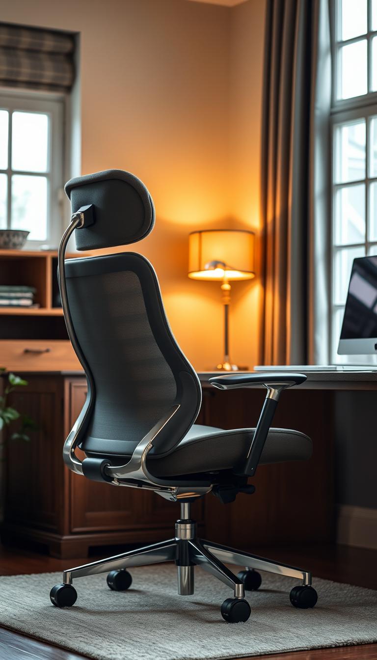 21 Unique Father's Day Gift Ideas He'll Actually Love Ergonomic chair set in a cozy, well-lit home office. A modern, high-back chair with plush, breathable upholstery and contoured lumbar support. Sleek, polished metal frame and chrome accents. The chair is positioned in front of a large, clean wooden desk, casting a soft, warm glow from a desk lamp. The room has subtle earth tones and natural lighting from large windows, creating a calming, productive atmosphere for the busy working dad.