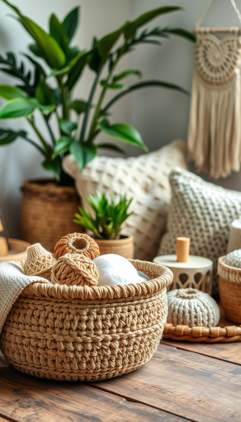 21 Magical Crochet Patterns for Every Skill Level A cozy and inviting composition showcasing a variety of eco-friendly crochet projects. In the foreground, a handmade basket with textured crochet patterns sits atop a rustic wooden surface, filled with an assortment of natural fibers, such as jute, cotton, and hemp. The middle ground features a selection of crocheted home decor items, including a plush cushion, a stylish plant holder, and a delicate wall hanging. In the background, a lush, green potted plant adds a touch of natural ambiance, and soft, diffused lighting creates a warm, inviting atmosphere. The overall scene exudes a sense of sustainability, artisanship, and a connection to nature.