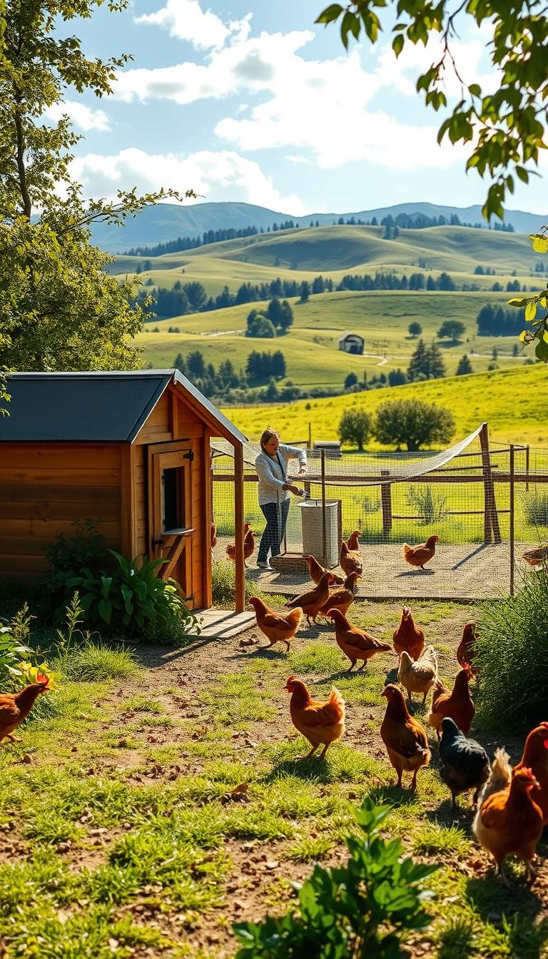 A well-lit, rustic backyard scene showcasing the benefits of a DIY chicken coop. In the foreground, a cozy wooden coop with a slanted roof, nestled among lush greenery. Chickens peacefully roam the enclosed run, highlighting the coop's spacious design and features that promote their health and happiness. The middle ground features a person tending to the coop, emphasizing the satisfaction and self-reliance of building one's own. The background depicts a charming pastoral landscape, with rolling hills, a vibrant blue sky, and soft, natural lighting that creates a warm, inviting atmosphere. The overall scene conveys the joys and practical advantages of a custom-built chicken coop in one's own backyard.