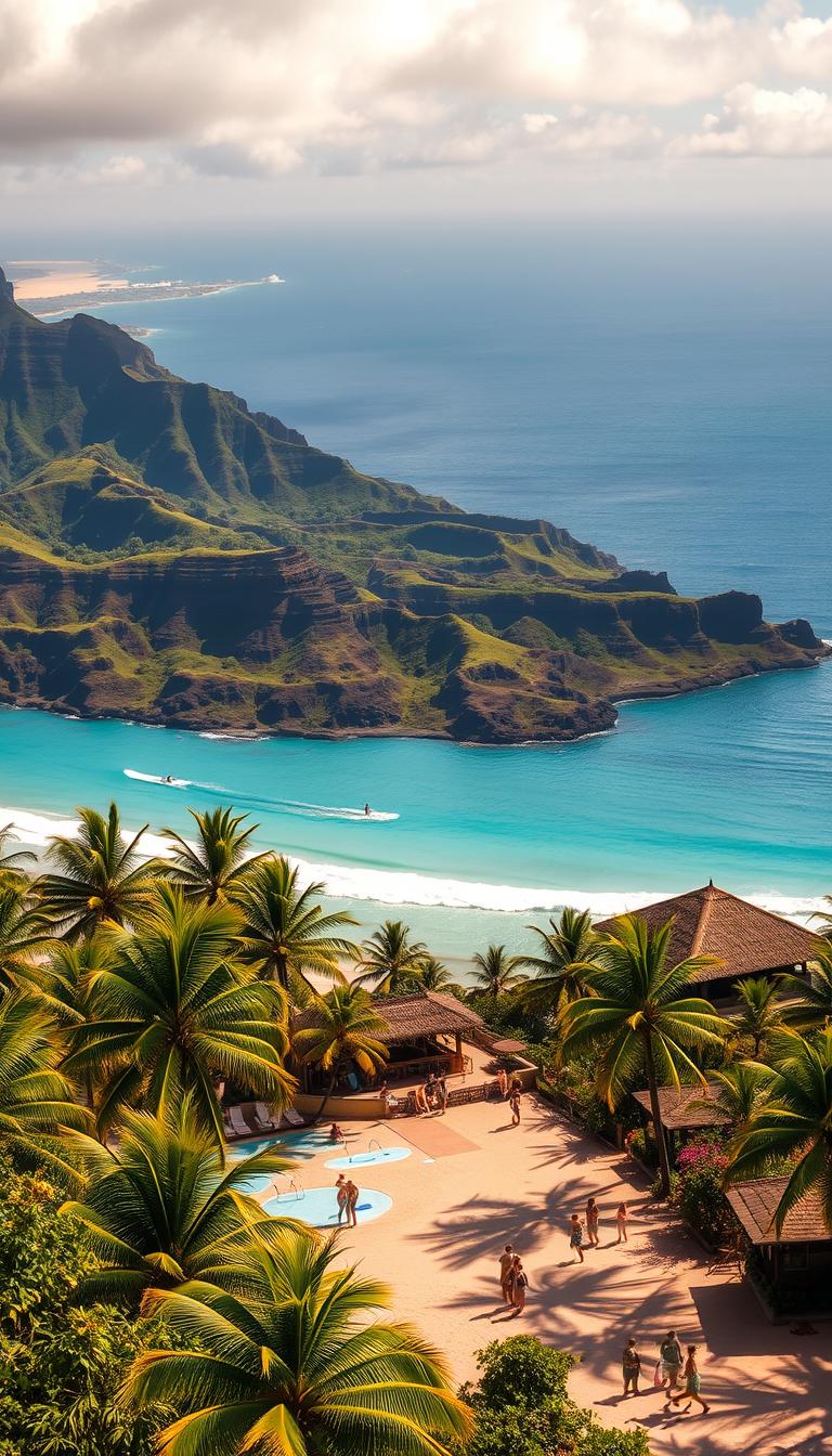 A vibrant Hawaiian island paradise, bathed in golden sunlight and lush tropical foliage. In the foreground, a picturesque beach with swaying palm trees and crystal-clear turquoise waters. Surfers ride the gentle waves, while local islanders gather under thatched-roof cabanas. In the middle ground, volcanic peaks rise majestically, their slopes adorned with cascading waterfalls and verdant rainforests. The background features a stunning vista of the endless Pacific Ocean, its horizon dotted with neighboring islands. The scene is infused with a sense of tranquility and natural wonder, inviting the viewer to escape to this idyllic island oasis.