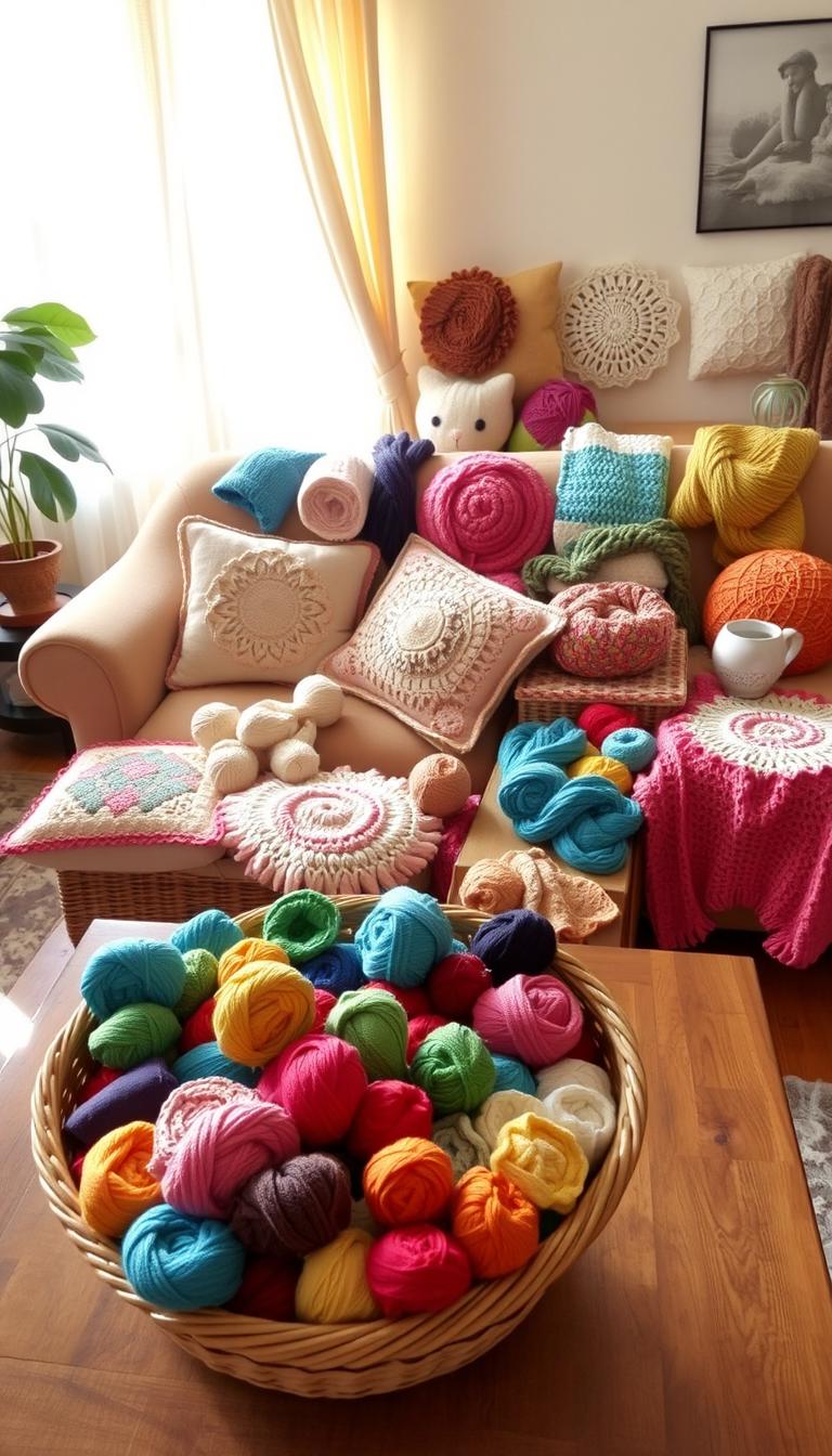21 Magical Crochet Patterns for Every Skill Level A cozy living room filled with an array of colorful crochet projects, neatly arranged on a wooden table. In the foreground, a basket overflows with vibrant skeins of yarn, inviting the viewer to dive into the craft. Behind it, an assortment of finished pieces, from snug hats and scarves to delicate doilies and plush pillows, showcasing the versatility of quick crochet techniques. The room is bathed in warm, natural light, filtering through sheer curtains and casting a comforting glow on the scene. The overall atmosphere is one of relaxation and creativity, inspiring the viewer to pick up their hooks and start stitching.