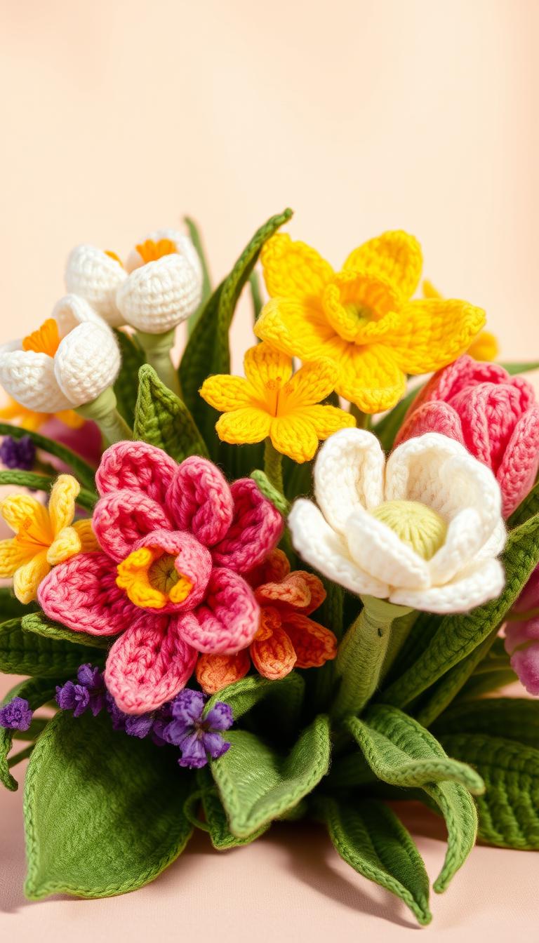 21 Magical Crochet Patterns for Every Skill Level Lush, vibrant spring crochet flowers in a naturalistic composition. A bouquet of intricate crocheted blooms - delicate crocuses, cheerful daffodils, and whimsical tulips - arranged against a soft, pastel background. Diffused, warm lighting illuminates the textured petals and cast gentle shadows, creating a serene, inviting atmosphere. The flowers appear to have been carefully hand-crafted, with attention to detail in the stitching and coloring. The image conveys a sense of cozy, homespun craftsmanship, perfectly suited to illustrate a section on seasonal crochet patterns.