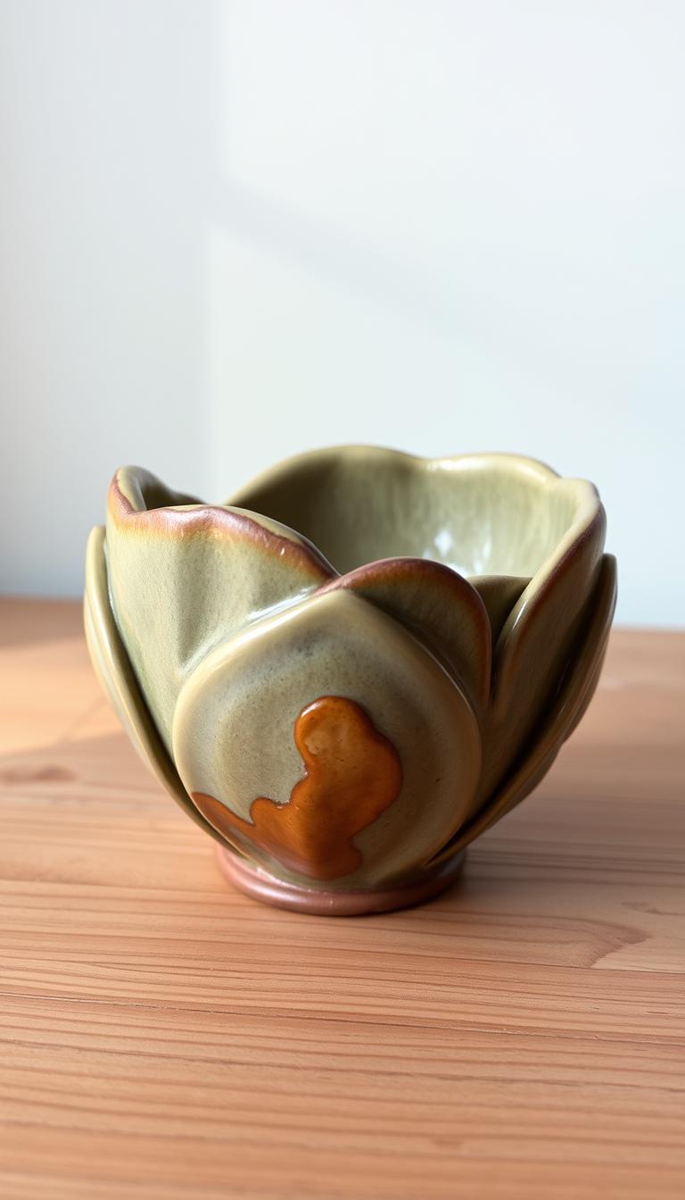 a detailed and intricate handmade ceramic pottery piece in the style of a nature-inspired pinch pot, with an organic, earthy texture and glazed in muted shades of green, brown, and ochre. The pot features a unique, flowing silhouette with gentle curves and ridges, suggesting the natural forms of leaves, flowers, or natural rock formations. Placed on a simple wooden surface, the pottery is lit from the side to highlight its subtle shadows and textures, creating a warm, atmospheric mood. The image is captured from a slightly elevated angle, emphasizing the tactile, handcrafted quality of the piece.