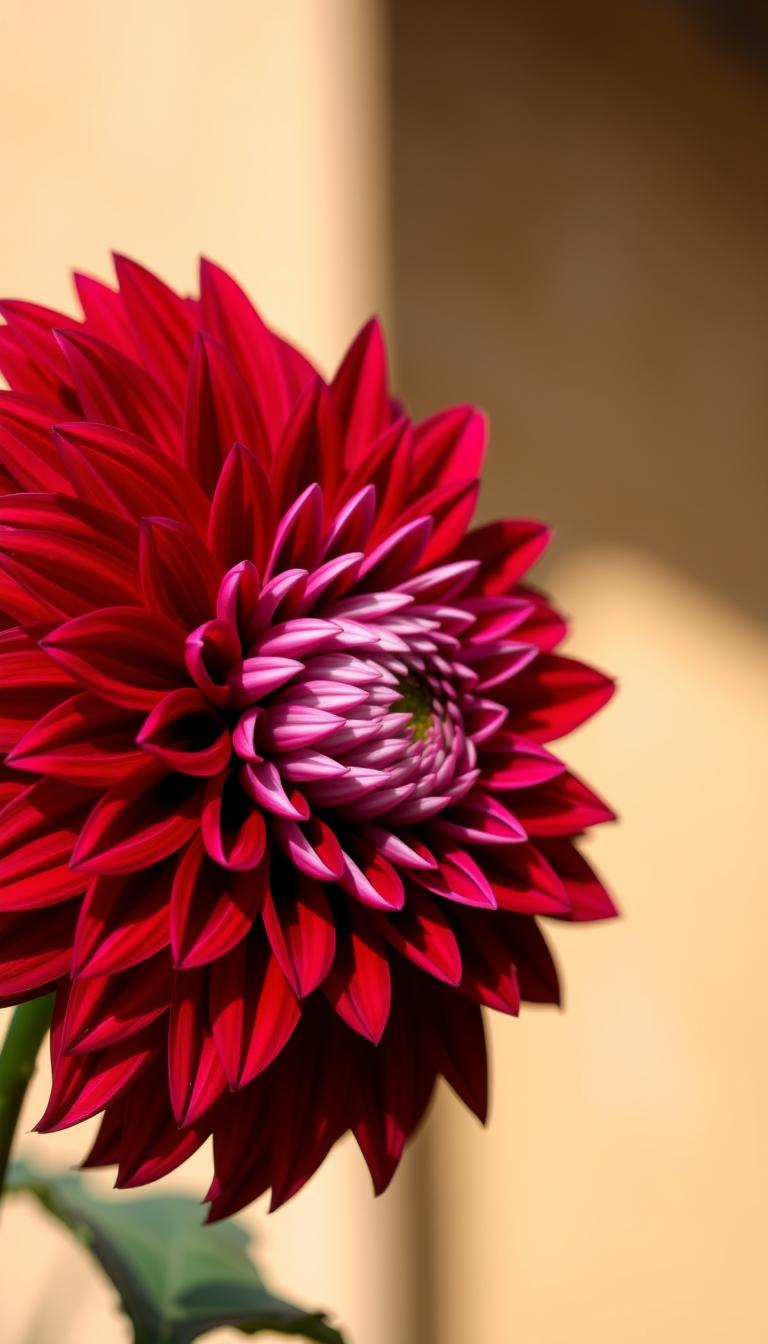A vibrant, intricately detailed dahlia flower, the national flower of Mexico, captured in a warm, natural lighting against a soft, blurred background. The petals are lush and layered, radiating outward in a stunning array of rich, vivid colors ranging from deep crimson to delicate pinks and lavenders. The flower is framed in a classic, slightly elevated perspective, showcasing its elegant, symmetrical form and the intricate patterns of its center. The overall mood is one of lush, botanical beauty, highlighting the dahlia's status as a cherished and iconic Mexican bloom.