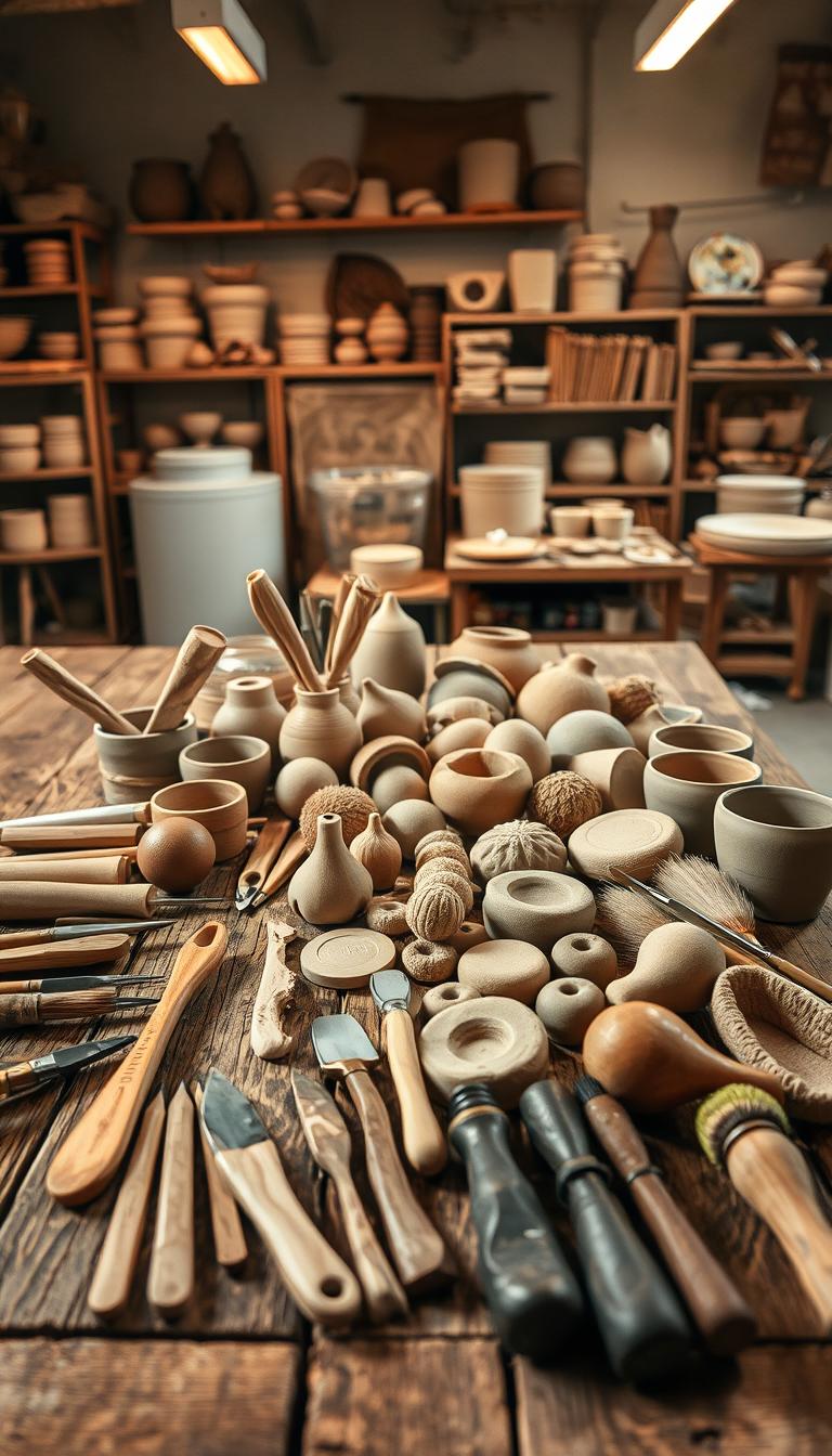 A well-lit studio setting featuring an assortment of DIY pottery supplies arranged on a rustic wooden table. In the foreground, various clay tools such as sculpting knives, loop tools, and texture stamps are neatly organized. In the middle ground, a collection of natural sponges, brushes, and glazing materials in earthy tones. The background showcases a variety of raw clay blocks, pottery wheels, and a kiln, all bathed in warm, diffused lighting to create a cozy, creative atmosphere. The overall scene evokes a sense of craftsmanship and the joy of handmade pottery creation.