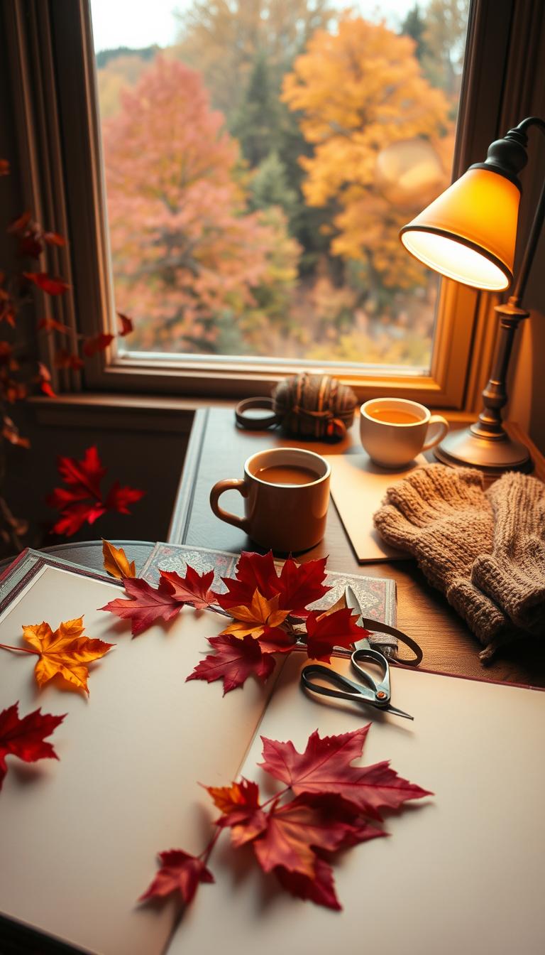 21 Creative Scrapbook Ideas: Trick No One Talks About A cozy, autumnal scrapbooking scene. In the foreground, an open scrapbook with vibrant fall leaves, ribbons, and an assortment of scrapbooking supplies like scissors, glue, and colorful patterned paper. In the middle ground, a vintage desk with a warm desk lamp, a mug of hot apple cider, and a pair of knitted fingerless gloves. The background depicts a window overlooking a picturesque autumn landscape, with trees ablaze in shades of red, orange, and yellow. Soft, diffused lighting casts a golden glow throughout the scene, creating a serene and inviting atmosphere.