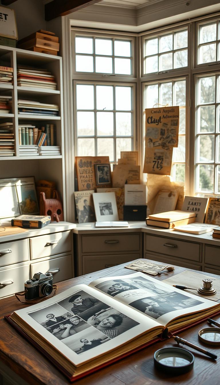 21 Creative Scrapbook Ideas: Trick No One Talks About A cozy and well-organized scrapbooking studio, illuminated by soft natural light filtering through large windows. Shelves and drawers are neatly arranged, housing a variety of archival-safe scrapbooking supplies - acid-free paper, photo-safe adhesives, archival-quality pens, and vintage ephemera. In the foreground, an open scrapbook lies on a wooden table, its pages displaying carefully preserved family photos and memories. A vintage camera, magnifying glass, and other preservation tools are scattered around, evoking a sense of meticulous curation. The overall atmosphere is one of tranquility, nostalgia, and a reverence for preserving cherished keepsakes.