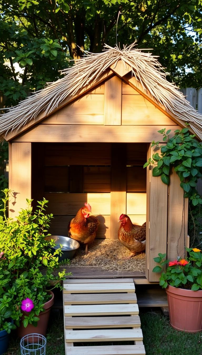 A cozy, rustic pallet chicken coop nestled in a sun-dappled backyard. The structure is made of weathered wooden pallets, its slanted roof covered in natural thatch. Lush greenery surrounds the coop, with potted herbs and flowering plants adorning the perimeter. Warm, golden light filters through the slatted walls, casting a soft glow on the content hens clucking inside. The coop has a simple yet functional design, with a sturdy ramp leading to a comfortable nesting area. The overall scene exudes a sense of tranquility and self-sufficiency, perfect for a beginner's backyard chicken setup.
