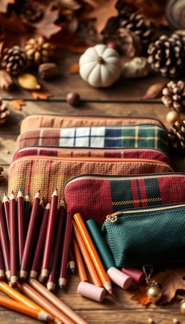 20 Cute DIY Pencil Case Designs You'll Love Seasonal pencil cases arranged in a cozy autumn setting. A foreground of various pencils, erasers, and other school supplies in autumnal hues - burgundy, ochre, and forest green. In the middle ground, a collection of fabric-covered pencil cases in coordinating patterns and textures, like corduroy, plaid, and velvet. Soft, natural lighting casts a warm glow, highlighting the tactile details. The background is a rustic wooden table or desk, with a scattering of dried leaves, pine cones, and other seasonal accents. An inviting, nostalgic atmosphere that evokes the change of seasons and the excitement of back-to-school.
