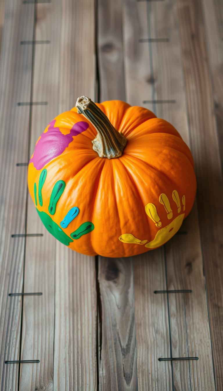 21 Creative Pumpkin Painting Ideas for Fall Inspiration A joyful, hand-painted pumpkin on a rustic wooden surface, its surface adorned with vibrant, playful handprints in a rainbow of colors. The pumpkin's warm, autumnal hue provides a natural, earthy backdrop, while the child-like handprints add a delightful, tactile element. Soft, diffused lighting illuminates the scene, creating a cozy, inviting atmosphere perfect for a family-friendly fall craft. The composition is balanced, with the pumpkin centered and the handprints artfully arranged around it. An image that captures the spirit of hands-on, kid-friendly pumpkin painting - a celebration of creativity, texture, and the simple pleasures of the autumn season.
