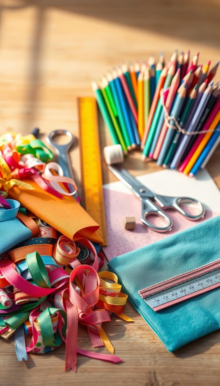20 Cute DIY Pencil Case Designs You'll Love A still life arrangement of various DIY pencil case materials artfully displayed on a wooden surface. In the foreground, an assortment of colorful fabrics, ribbons, and trims. In the middle ground, a pair of scissors, a ruler, a needle, and a spool of thread. In the background, a collection of multicolored pencils, markers, and pens. Soft, natural lighting illuminates the scene, casting gentle shadows and highlighting the textures and details of the materials. The composition is balanced and visually appealing, inviting the viewer to imagine the creative possibilities of these humble supplies.